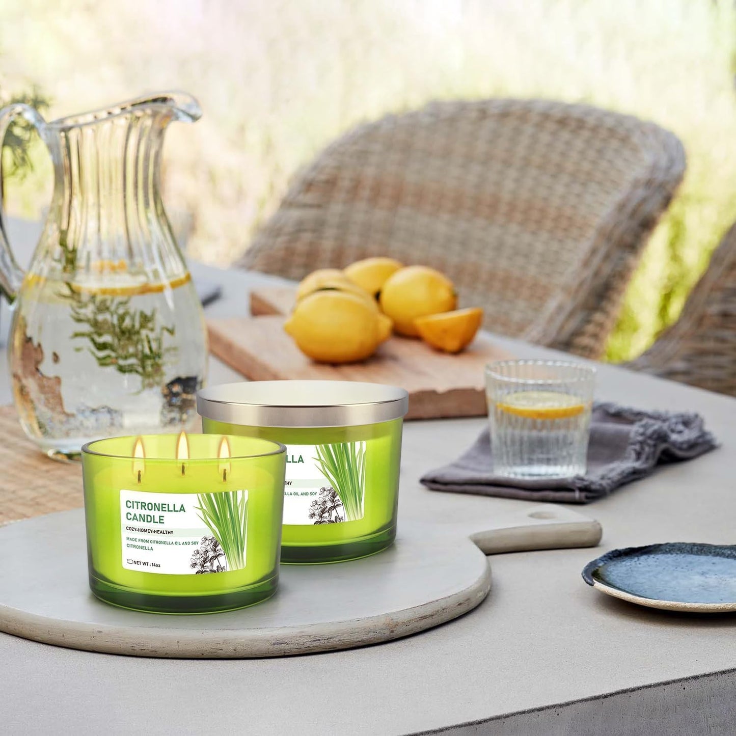 CAKETYCG Set of 2 Green Glass Jars Citronella Oil Candles 14oz Smokeless & Outdoor Candles Perfect for Courtyards, Backyards, Camping, Picnics, and Garden.