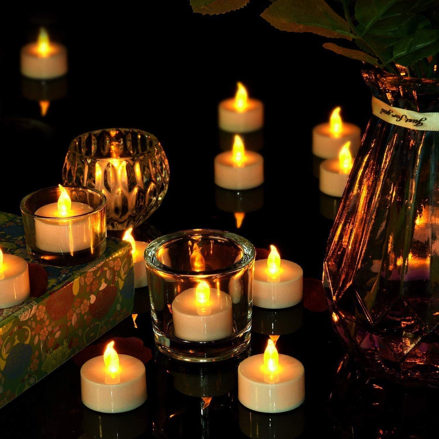 Battery Operated Led Tea Lights Candles:50 Pack Flameless Electric Fake Candle, Realistic and Bright Flickering Votive Tealights, Long Lasting 200+Hours,for Wedding,Party,Home Decoration (Warm Yellow)