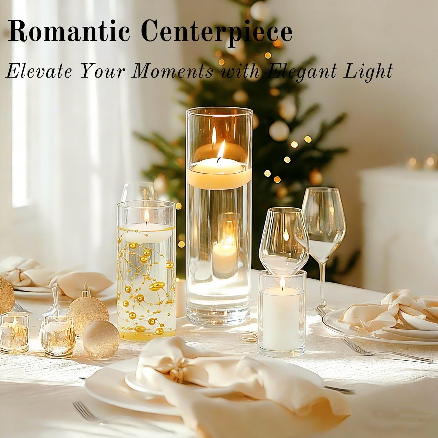 PNJHDZ Set of 12 Glass Cylinder Vases for Centerpieces with 8 Pack Vase filler 12 Pearl String 24 White Floating Candles for Centerpieces, Table Center pieces for Wedding Party Home Decor 5, 6, 8 Inch