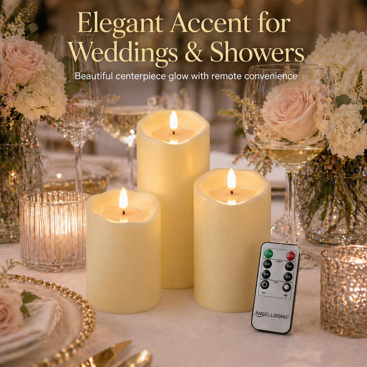 ANGELLOONG Flameless Candles with Remote, Flickering Battery Operated Pillar LED Candles with 4/5/6/8H Timer for Bridal Shower, Wedding Table Decor, Home Decor, Set of 3