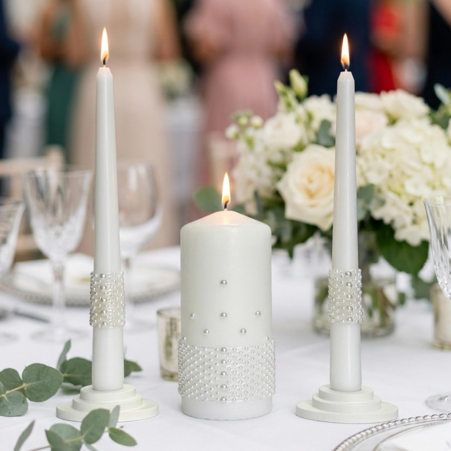 Magik Life Unity Candle Set - Wedding Ceremony & Reception Candle– 6” Pillar & Two 10” Taper Candles – Long Burning Unity Candles for Marriage Ritual – Handmade in USA – White |Pearls| Luxury