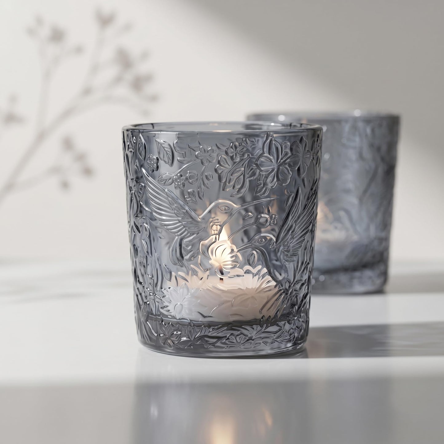 6 Pack Hummingbird Embossed Glass Candle Holders Votive Tealight Holders with Patent Design, Decorative Glass Cups for Wedding Centerpieces, Parties, and Home Decor (Smoky Quartz)