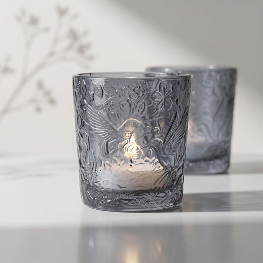 6 Pack Hummingbird Embossed Glass Candle Holders Votive Tealight Holders with Patent Design, Decorative Glass Cups for Wedding Centerpieces, Parties, and Home Decor (Smoky Quartz)