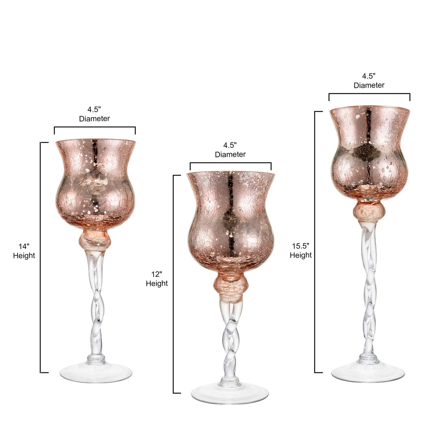 Diamond Star Pink Mercury Crackle Glass Long Stem Tealight Candle Holders Centerpieces for Wedding Table, Set of 3 (12",14",15.5" Tall)