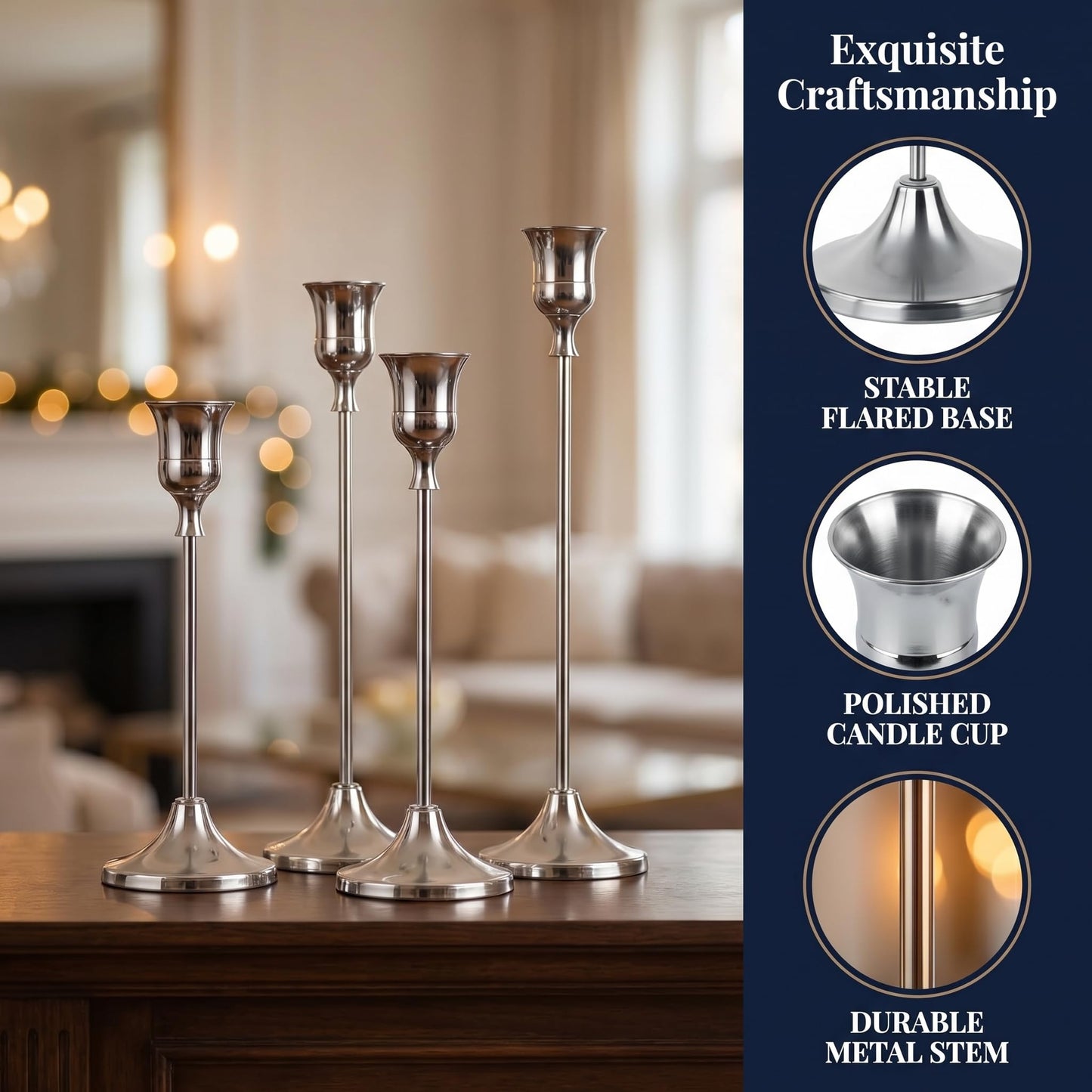 Oakernel Silver Taper Candle Holders 2 Sets(6 Pcs) - Tall Metal Candlestick Holders for Table Centerpiece, Formal Dinner, Wedding, Fireplace Mantel Decor, Fits 3/4 Inch Thick Candles