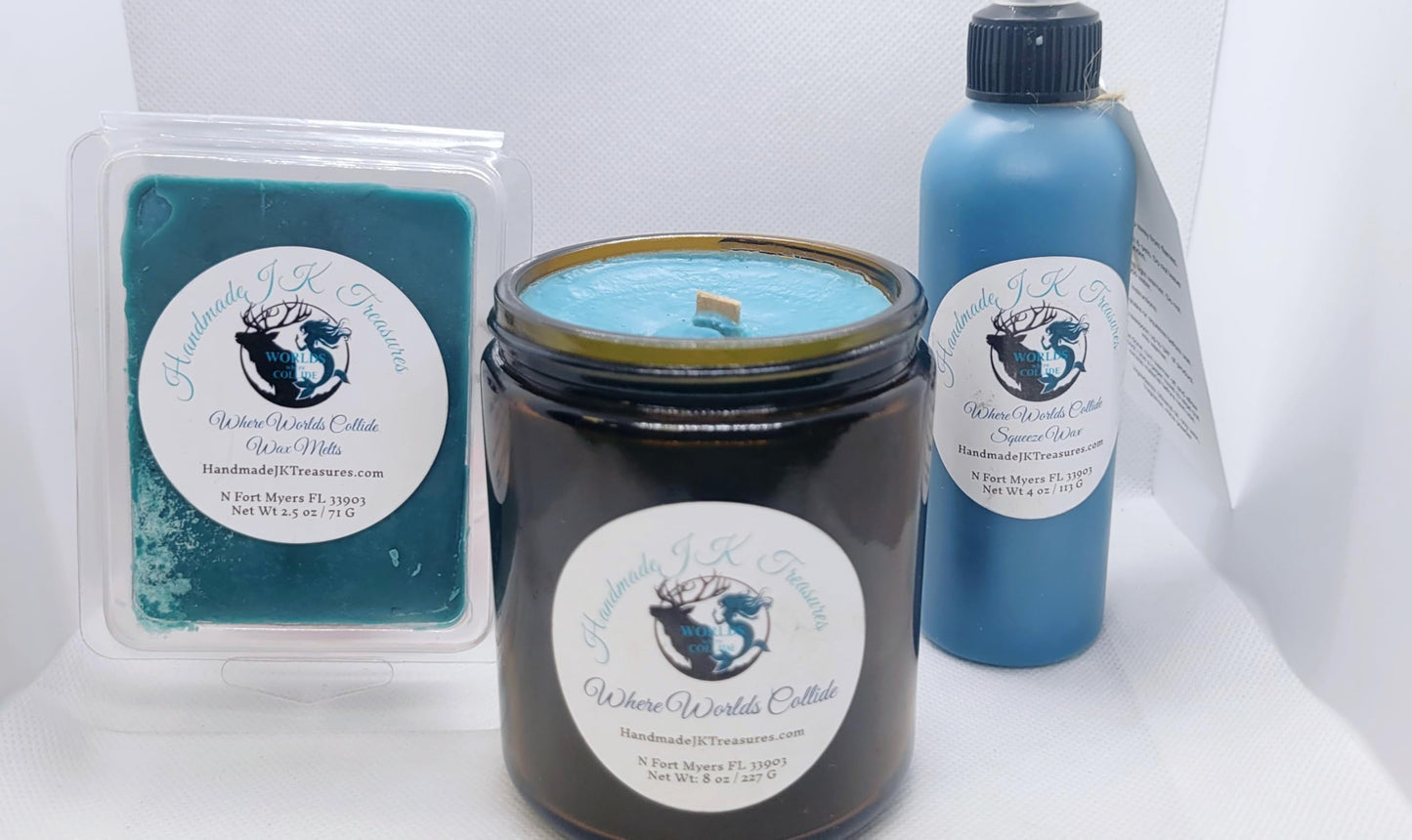 Handmade JK Treasures Where Worlds Collide Self-Care Bundle Gift Set, Candle, Wax Melts, and Squeeze Wax