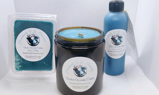 Handmade JK Treasures Where Worlds Collide Self-Care Bundle Gift Set, Candle, Wax Melts, and Squeeze Wax