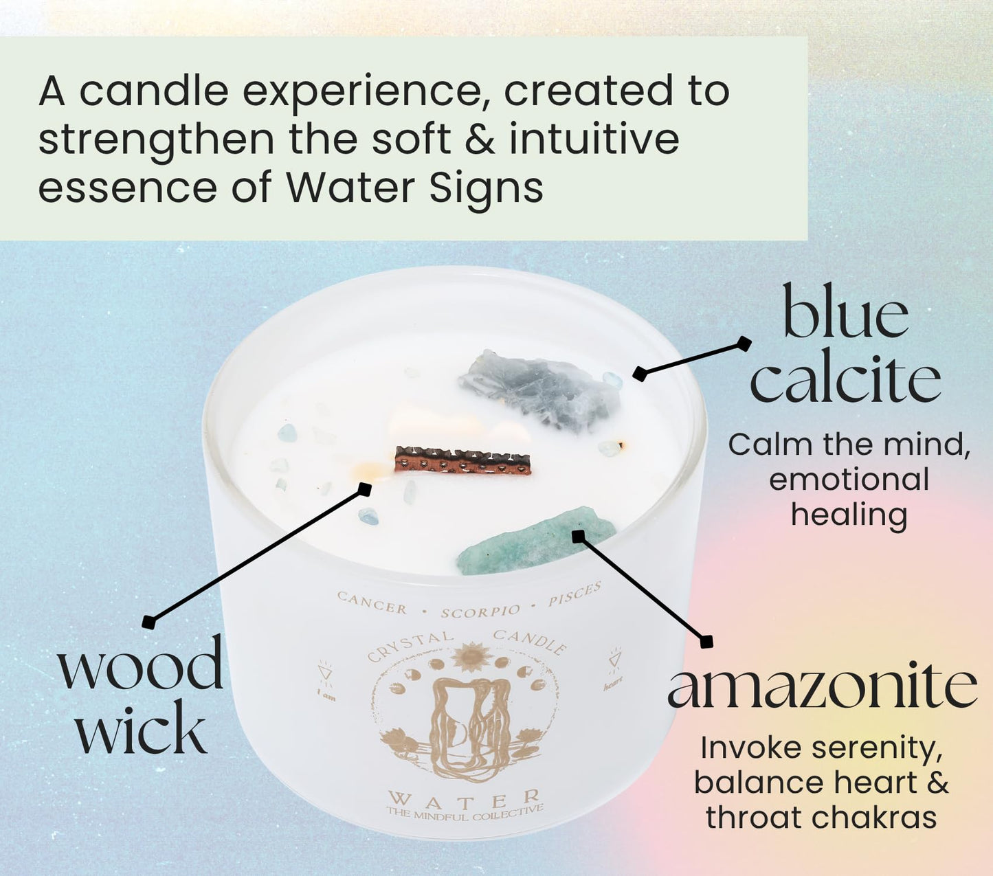 Pisces, Cancer, Scorpio Gifts for Women - 12oz Wood Wick Candles that Crackle with Crystals and Healing Stones. Healing Crystal Candles for Women Home Scented. Soy Wax, for Zodiac Birthdate
