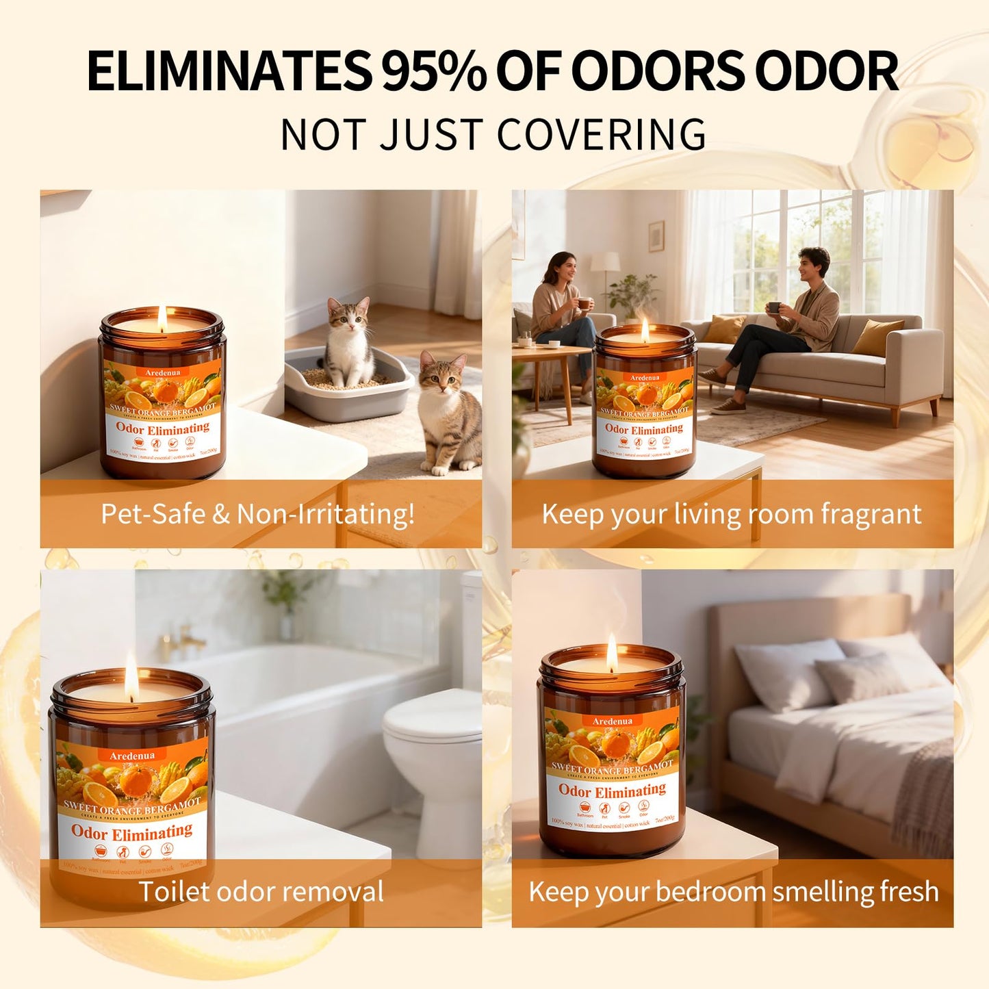 Aredenua Sweet Orange Bergamot Odor Eliminating Candle | Eliminates 95% of Pet, Smoke & Bathroom Odors | 7oz Hand Poured Non-Toxic Soy Candle | Air Freshening Scented Candle for Positive & Relaxation
