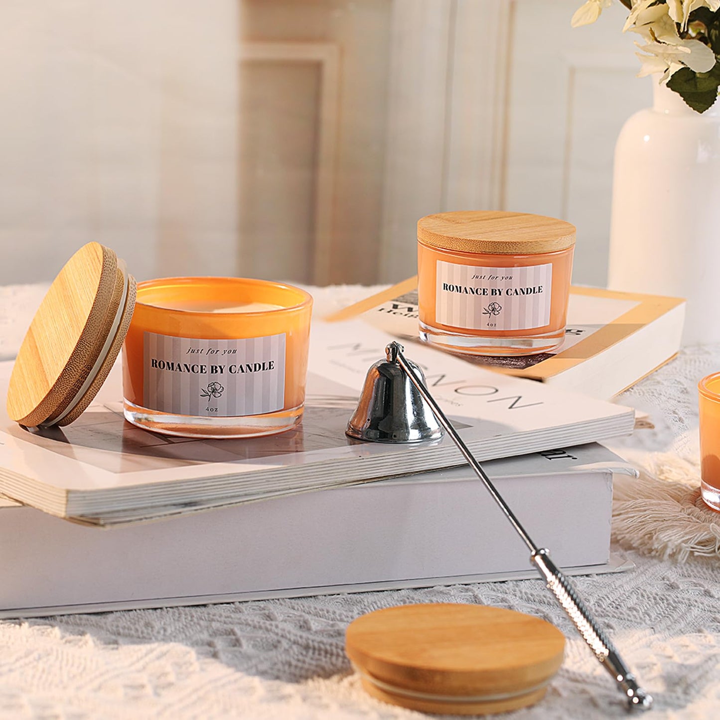 REISEN 12 PCS Orange Candle Jars for Making Candles, 4 OZ Glass Jars with Bamboo Lids and Sticky Warning Labels, Candle Containers for DIY Gifts, Candle Making Supplies