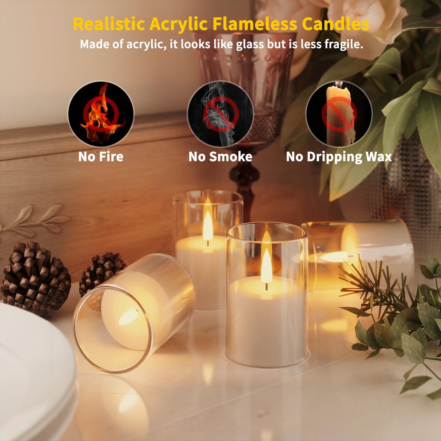 VIODAIM 12Pack Flickering Flameless LED Candles with Timer, Battery Powered - Small Pillar & Votive, Clear (2"X3")