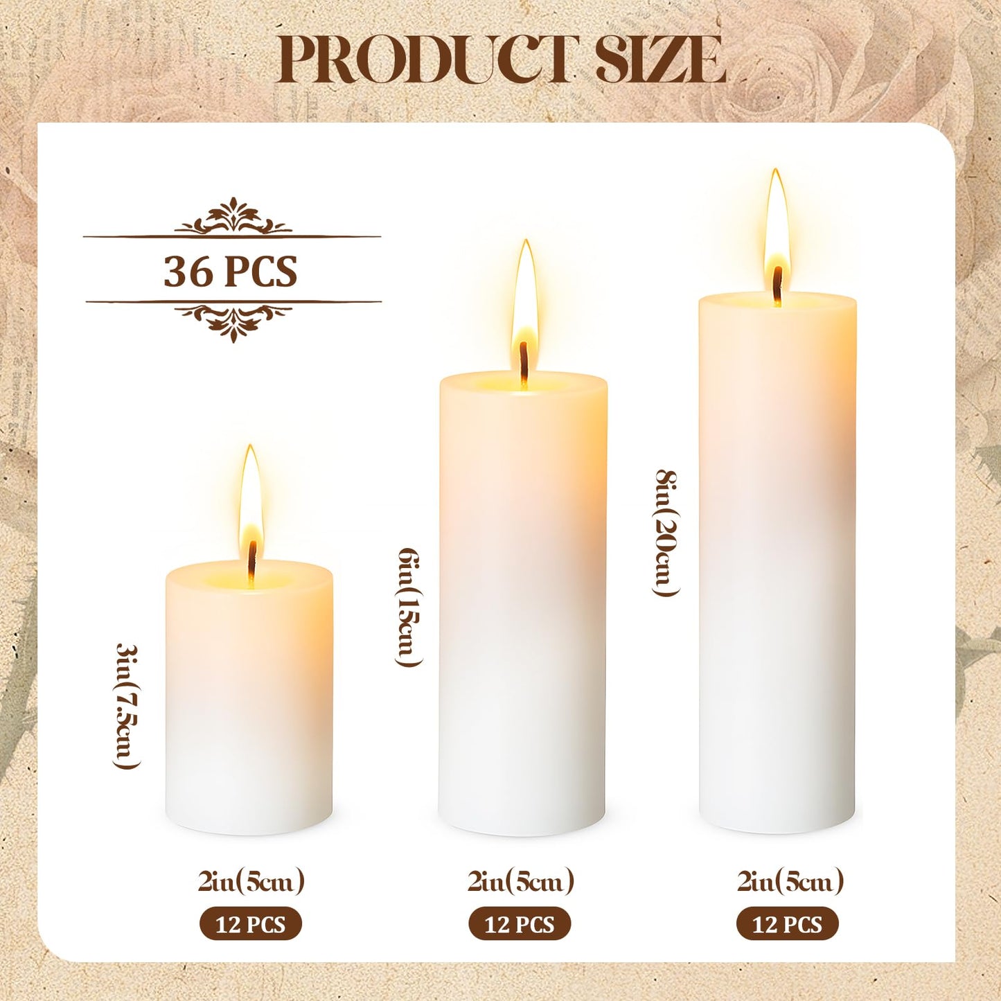 Veiuwa 36 Pack White Pillar Candles Bulk Set, 2x3 2x6 2x8 Inch - 12 Each Size, Dripless Smokeless Clean Burning for Wedding Centerpieces, Home Decor, Church, Romantic Ambiance！