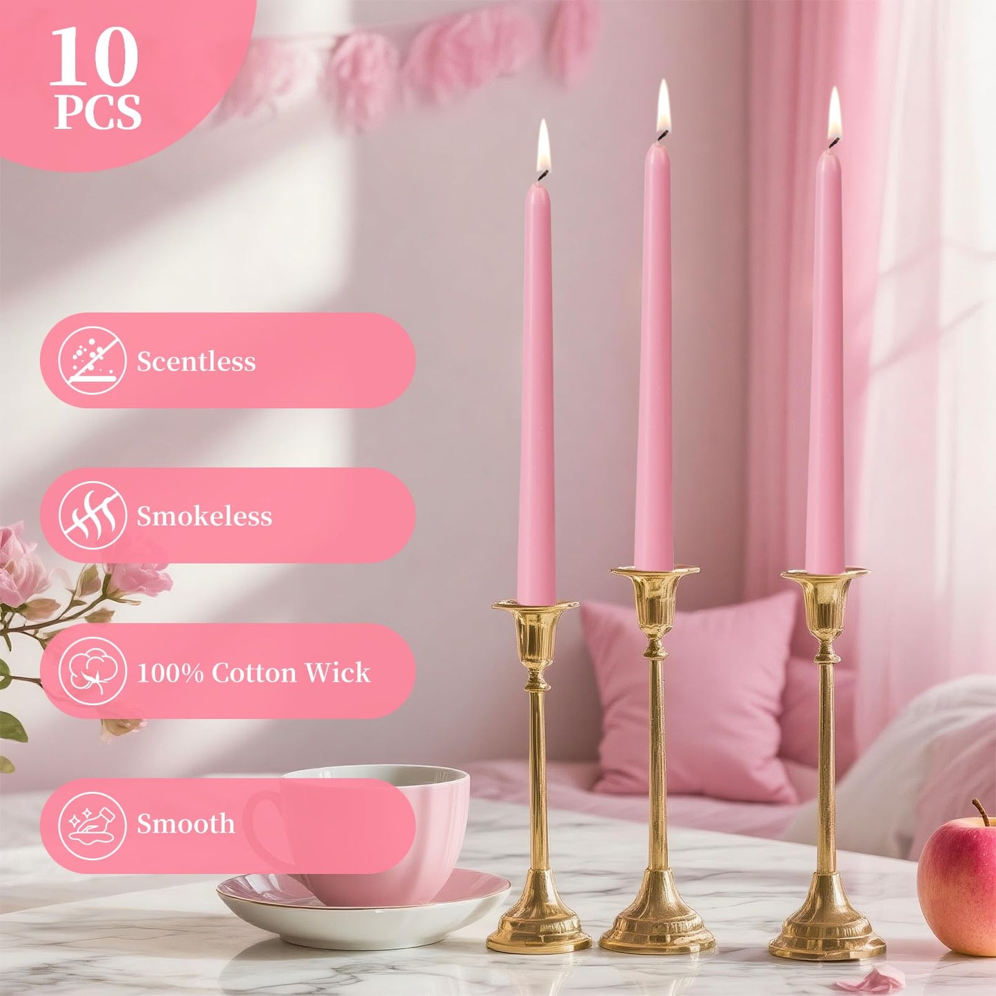 KONNI 0.87×10 Inch Pink Taper Candles, Unscented and Smokeless Tall Candlesticks, 10 Pack Tapered Candles with Cotton Wicks, Long Burning, Ideal for Weddings, Dinner Parties, and Home Décor