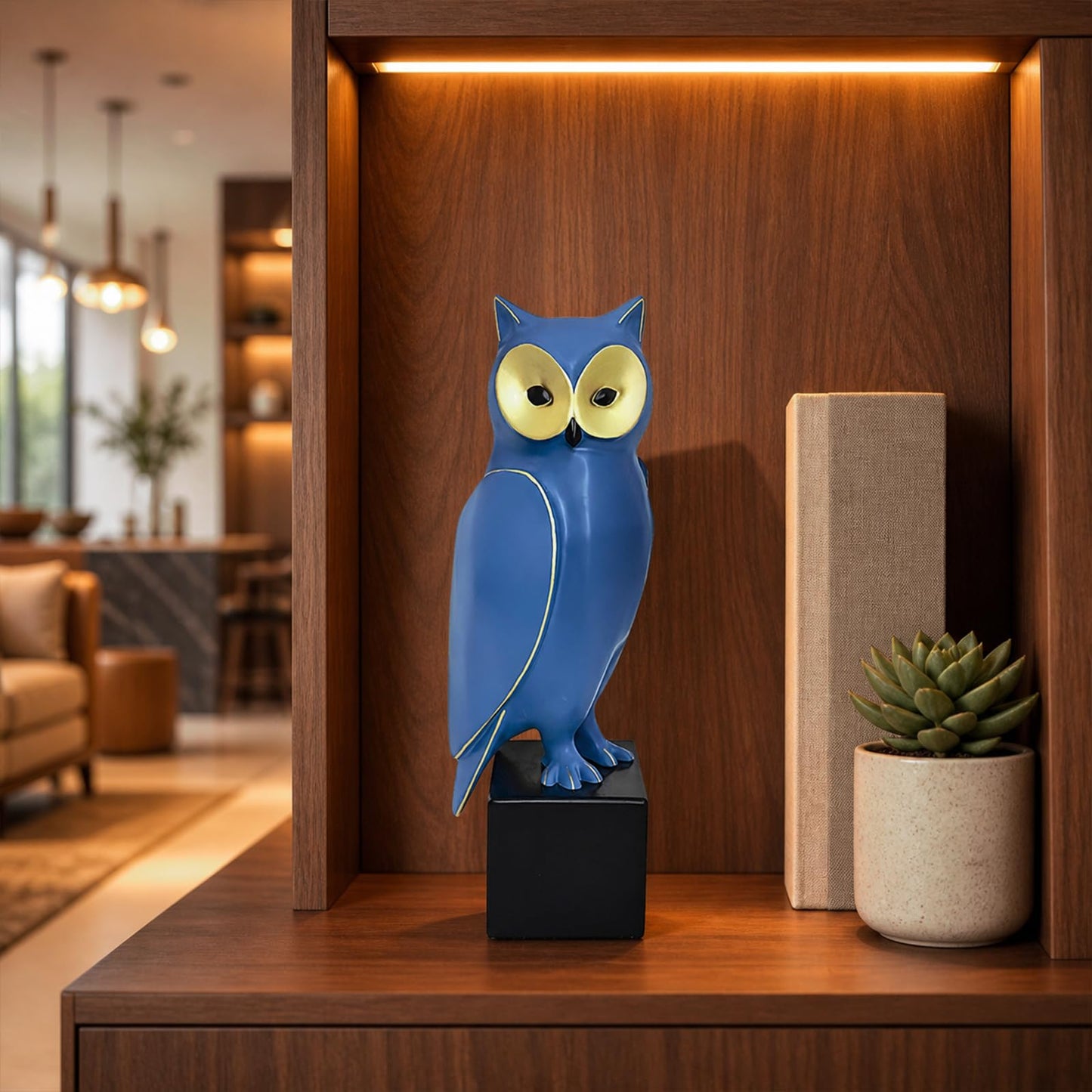 Royal Blue Resin Owl Statue – Mid-Century Modern Owl Sculpture – Retro-Style Abstract Art Home Decor – Freestanding Ornament for Living Room, Bookshelf, or Mantel – 15.7-Inch Resin Owl Sculpture