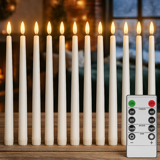 Supply Sure 12 Pcs Flameless LED Taper Candles with Remote Timer | Battery Operated (Battery NOT Included) White Fake Candlesticks for Window & Christmas Decor (Pack of 12)