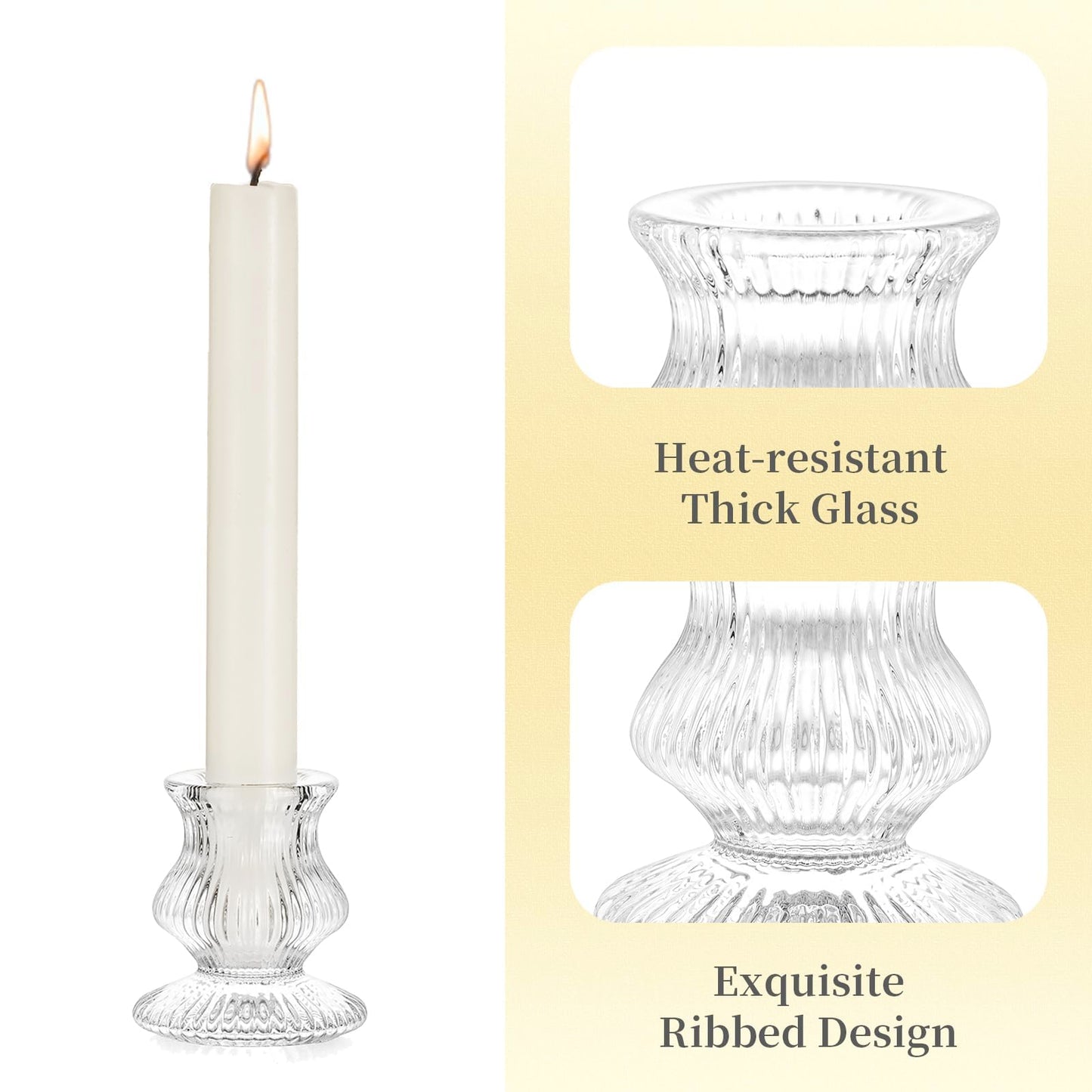 Hewory Glass Taper Candle Holders: 10PCS Clear Candle Holder Candlestick Holders, Crystal Ribbed Candle Sticks Holder Decor for Table Centerpiece Wedding Advent Wreath Christmas Thanksgiving Dinner