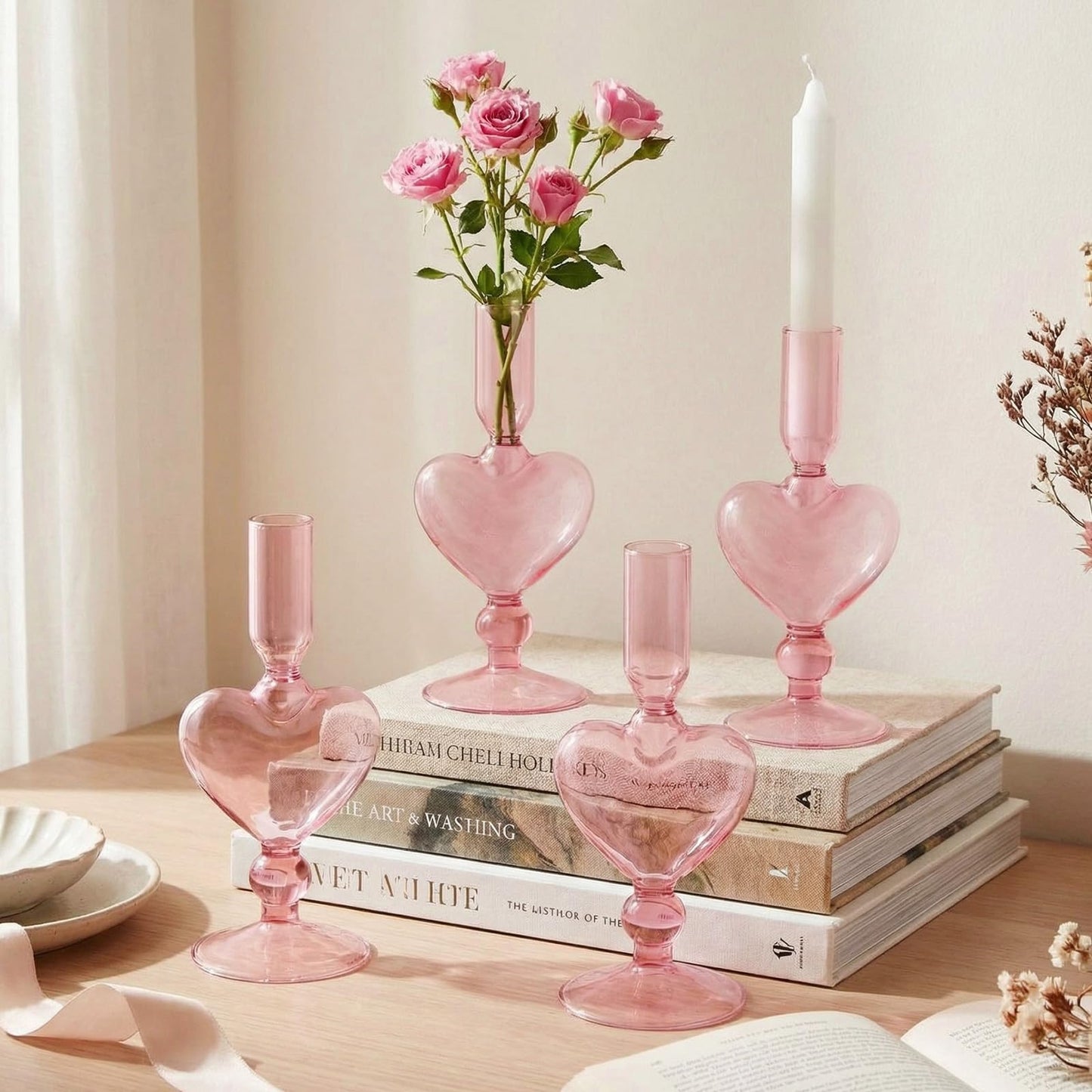 Teecyhooo 4pcs Valentine's Day Candle Holder 7" Heart Glass Taper Candlestick Holder Valentines Heart Candle Stick Vase Decor for Wedding Party Table Centerpiece(Pink)