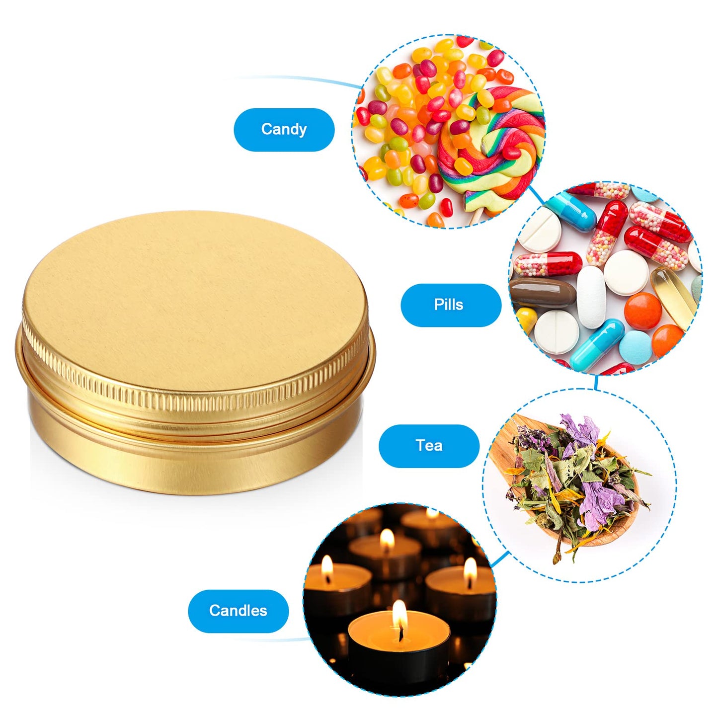 Patelai 2 oz Gold Metal Round Tins Aluminum Tin Cans Salve Tins Containers with Screw Lid 10 Sheets Stickers for Salve Spice Candies Balms Candles, 36 Pack (Classic Style)