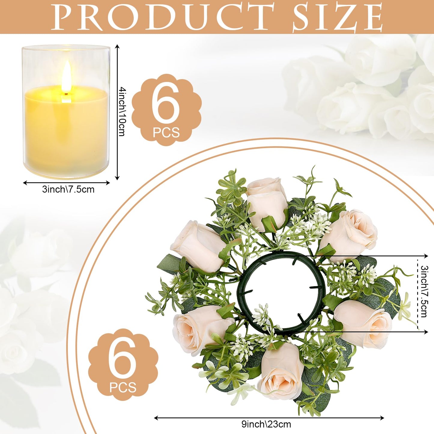 Tobilu 12 PCS Candle Rings with LED Flameless Candles, 3 Inch Artificial Rose Wreaths Eucalyptus Leaves for Table Centerpieces Home Wedding Party Decor, Champagne, 6 Sets