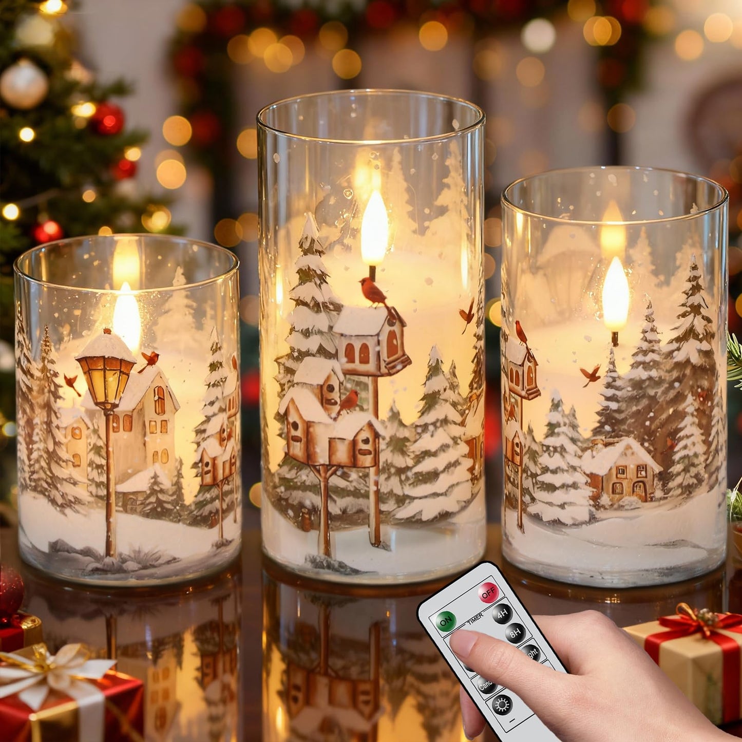 Wondise Red Bird Glass Flameless Candles with Remote Timer, Battery Operated Real Wax 3D Wick LED Flickering Pillar Candles for Christmas Decoration Thanksgiving Holiday Gift