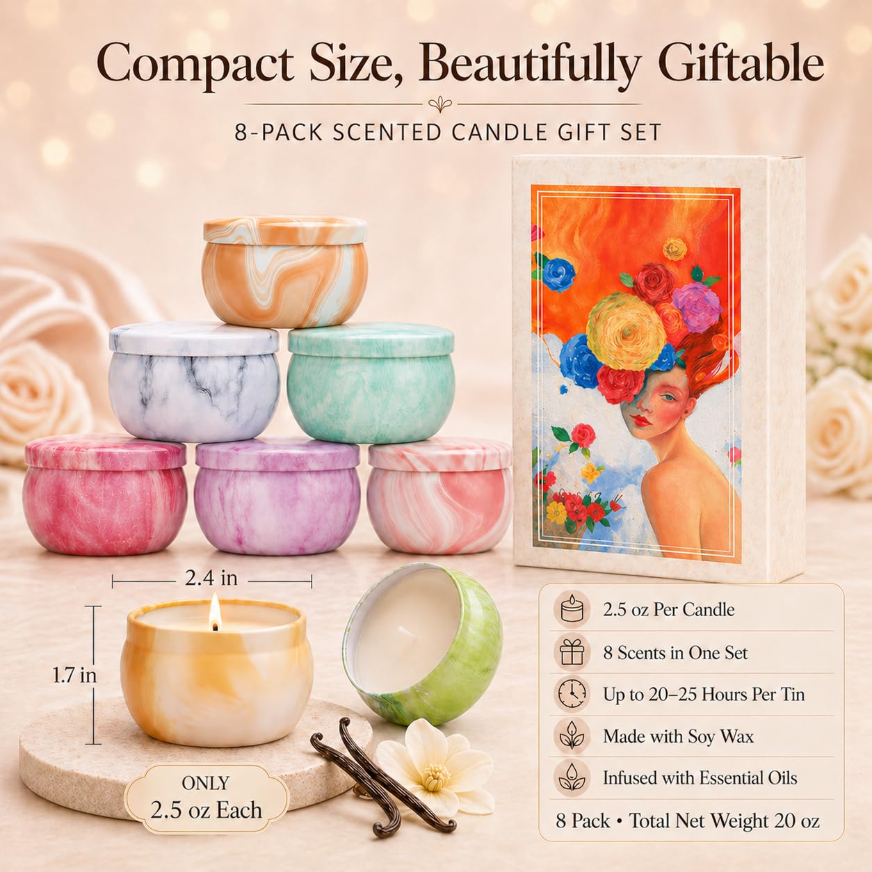 Scented Candles Gift Set for Women, 8 Pack Fruity Floral Soy Wax Aromatherapy Candles, Travel Tin Candles in Artist Gift Box, Birthday Gifts for Mom, Wife, Sister, Friend, Mother's Day, Christmas