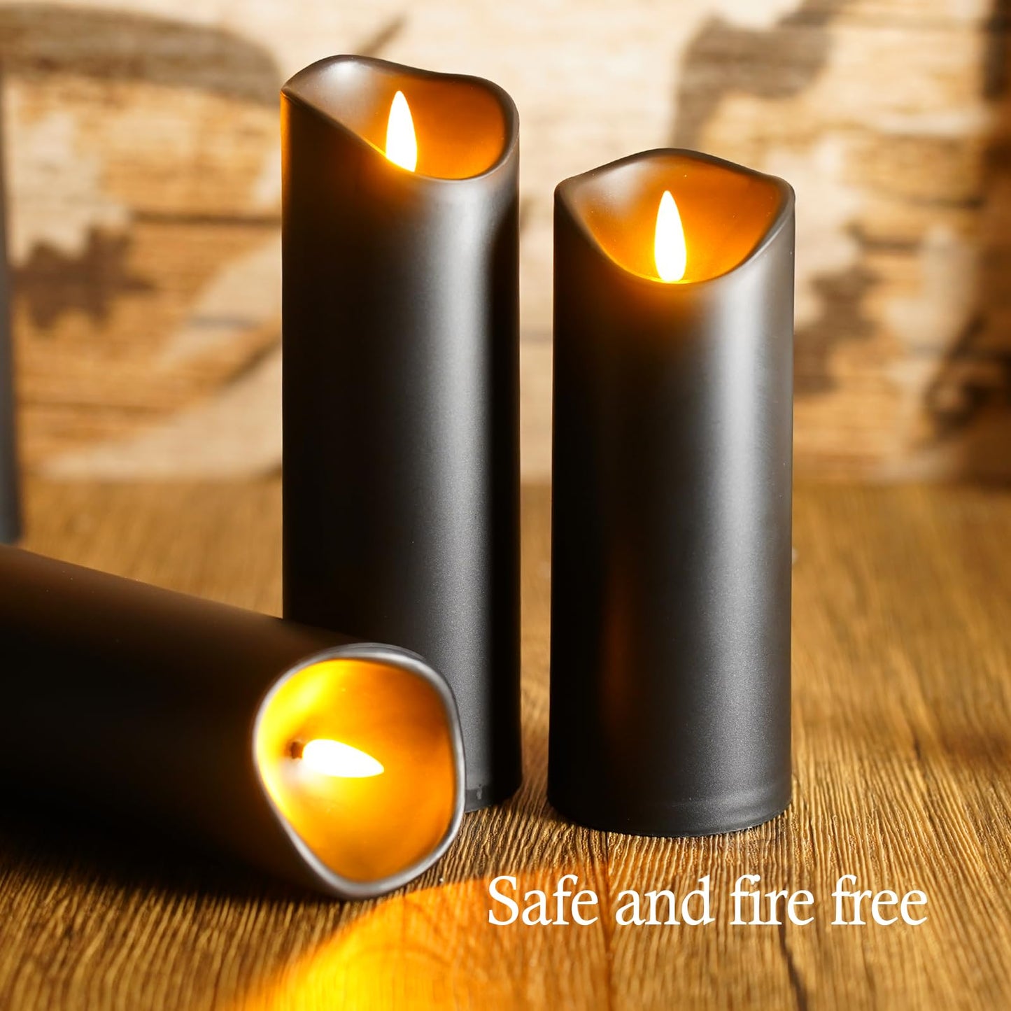 kakoya Flickering Flameless Candles, Battery Operated Plastic LED Pillar Candles with Remote Control and Timer, Set of 9 (Black)