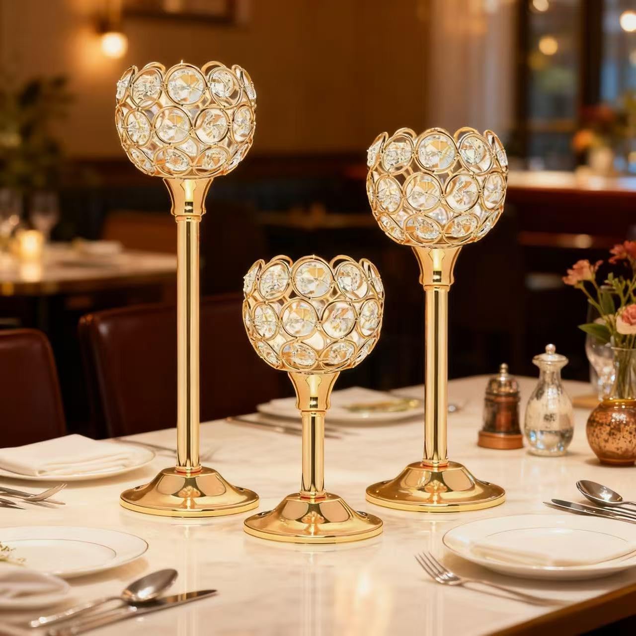 HearthLume Candle Holder Candlestick Holders- 1Set Gold Crystal Pillar Candle Holders,Metal Candlestick Stands for Wedding Centerpieces,Table Decor for Church,Valentine's Day Housewarming Gift,3Pcs