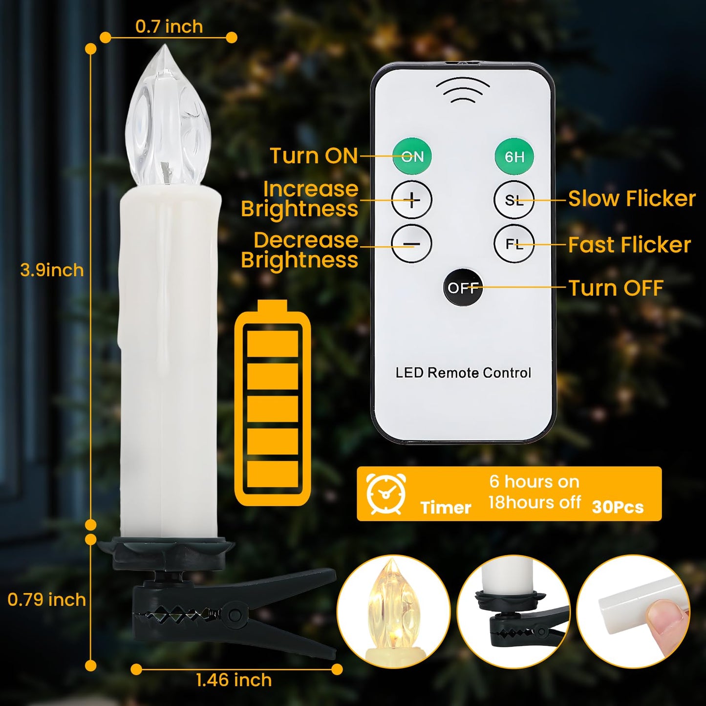 Mxqdhx Christmas Trees flameless Candles, 30Pcs Led Flickering Lights Battery Operated Candlesticks with Remote Timer/Clips, Warm White Window Taper Candles for Home Wedding Halloween Birthday Decor