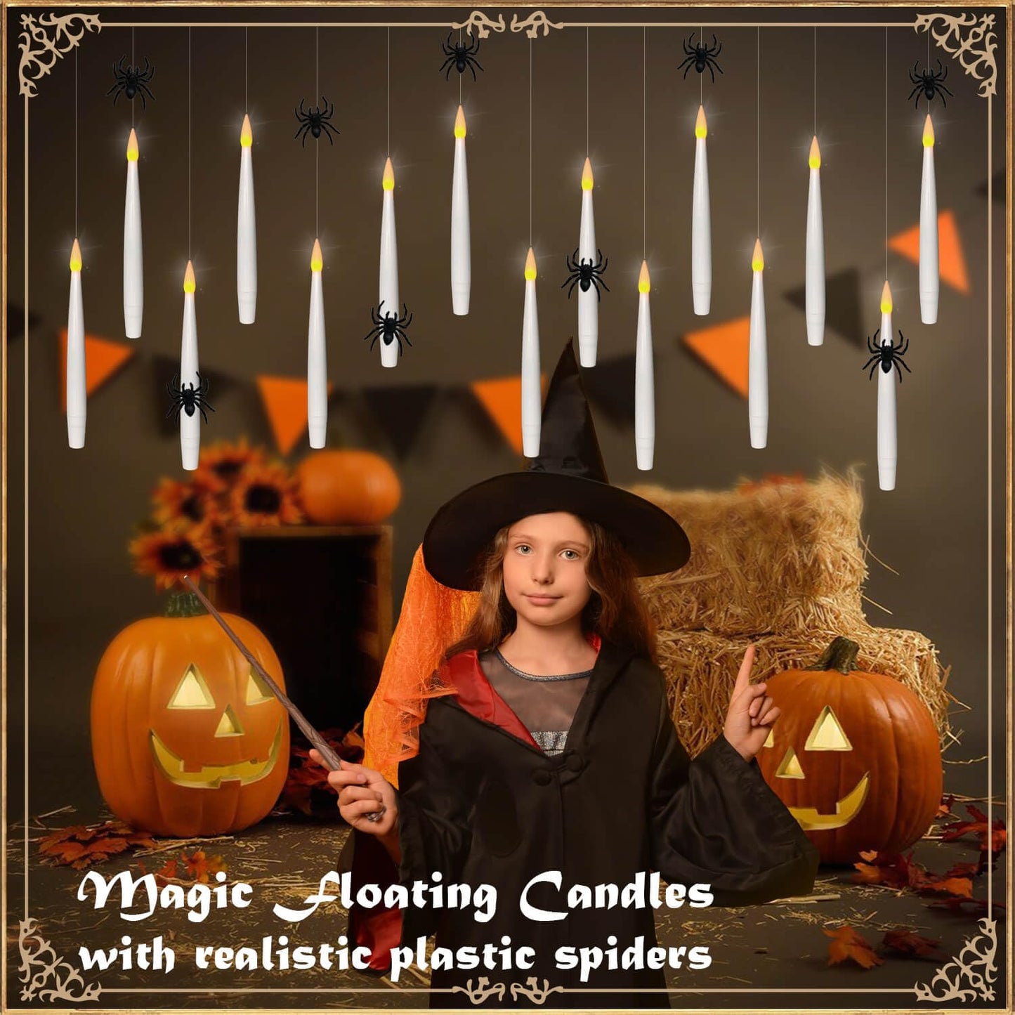 Knoste 20pcs Floating Candles with Wand Remote & Realistic Halloween Plastic Spiders, Battery Operated Hanging Flameless Taper Candles, Flickering Warm Light, Party Decor, Birthday Gift