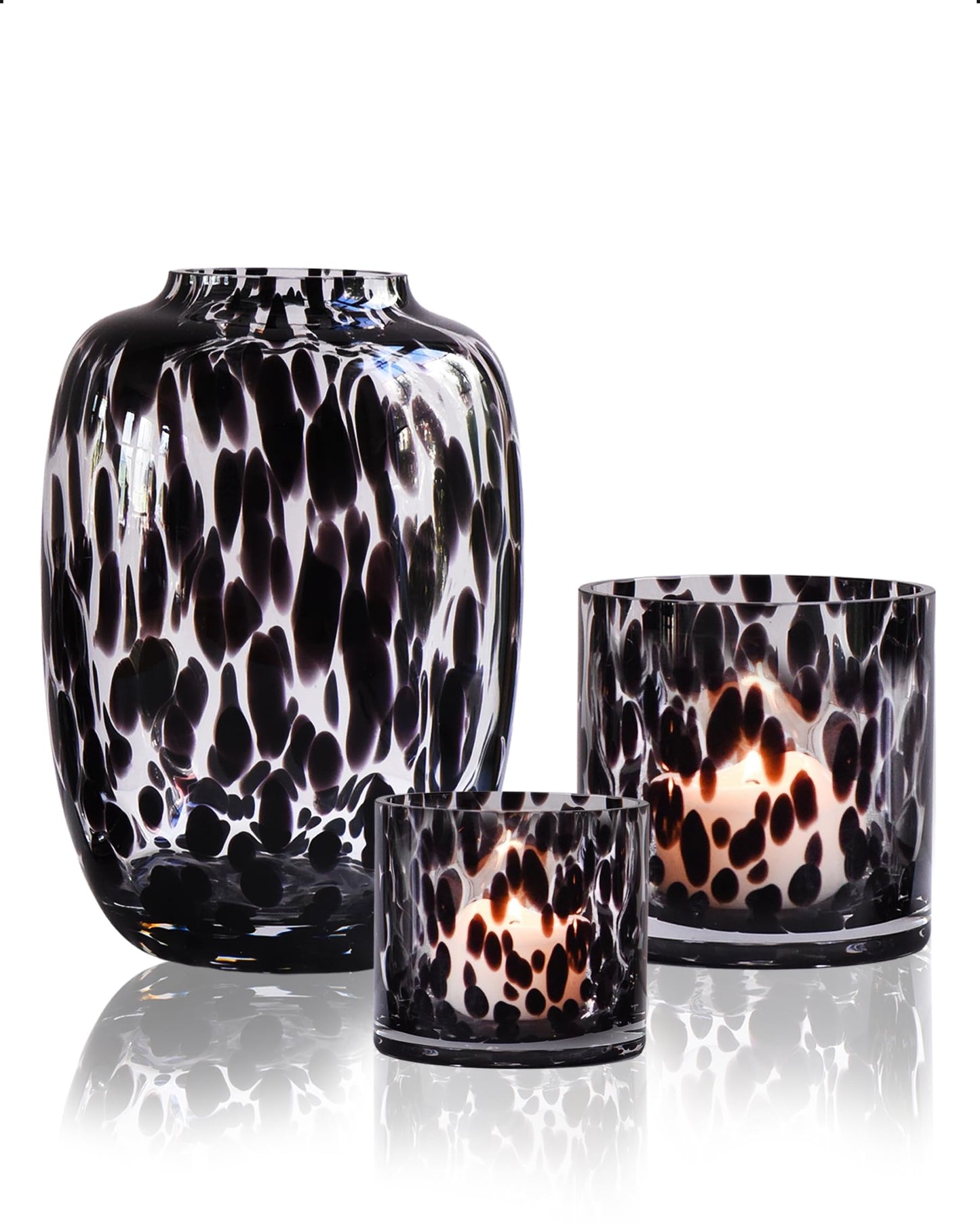 CONVIVA Glass Vase and Candle Holder Set, 3-Piece,Modern Fall Decor Table Centerpiece Thanksgiving Christmas Day Gift Idea,Flower Vase Black Tortoise Pattern