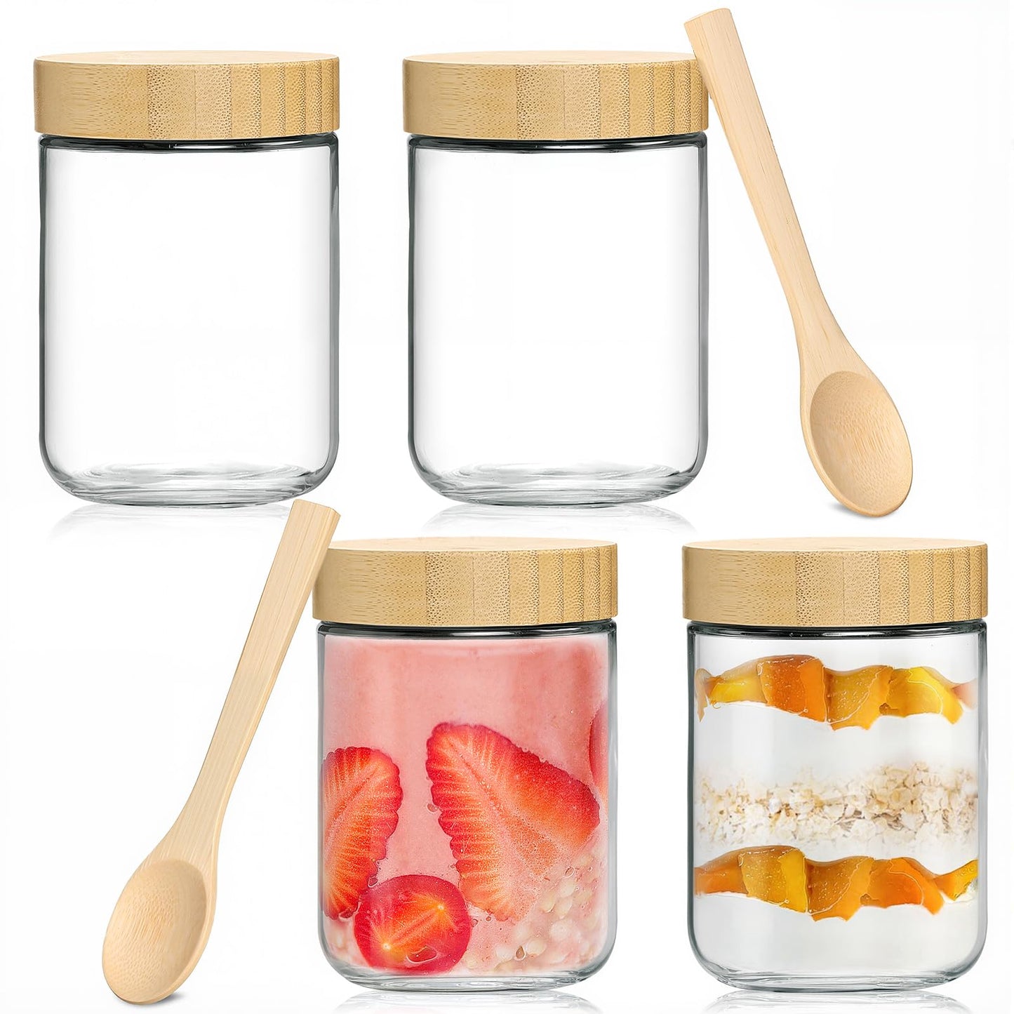 TBWIND 4 Pack 16oz Glass Jars with Bamboo Lids, Spoons, Airtight Overnight Oats Containers, Wide Mouth Mason Jars, Food Storage Container for Yogurt Salad Snacks Spice Sugar Meal Prep – Reusable