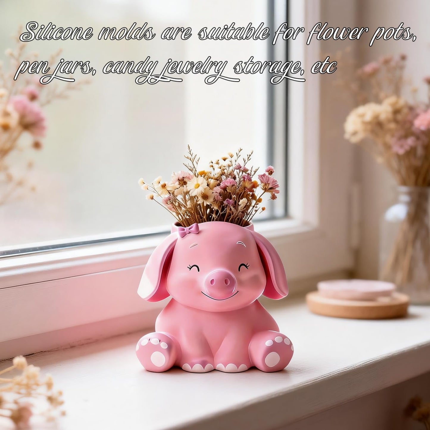 Pink Piggy Candle Jar Resin Mold, Animal Epoxy Resin Casting Silicone Mold for Craft DIY Planter Jewelry Pen Holder Flower Pot Container Mould, Perfect for Decoration Birthday Gift Garden Home