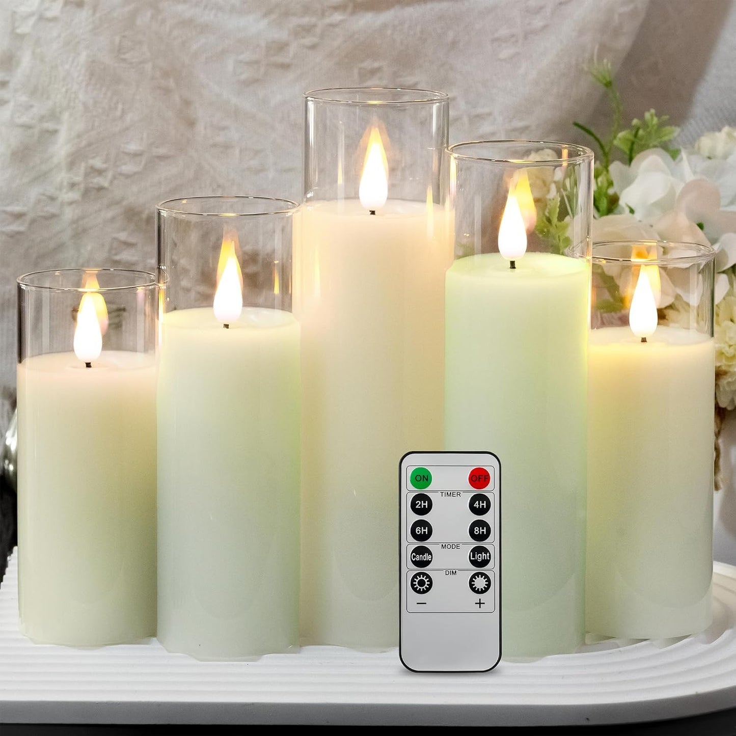 NICEME 5PCS Clear Glass LED Flameless Candles with Remote Timer, Flickering Battery Operated Pillar Candles Teardrop Flame Black Wick Romantic Real Wax Electric Votive Candles for Halloween Christmas