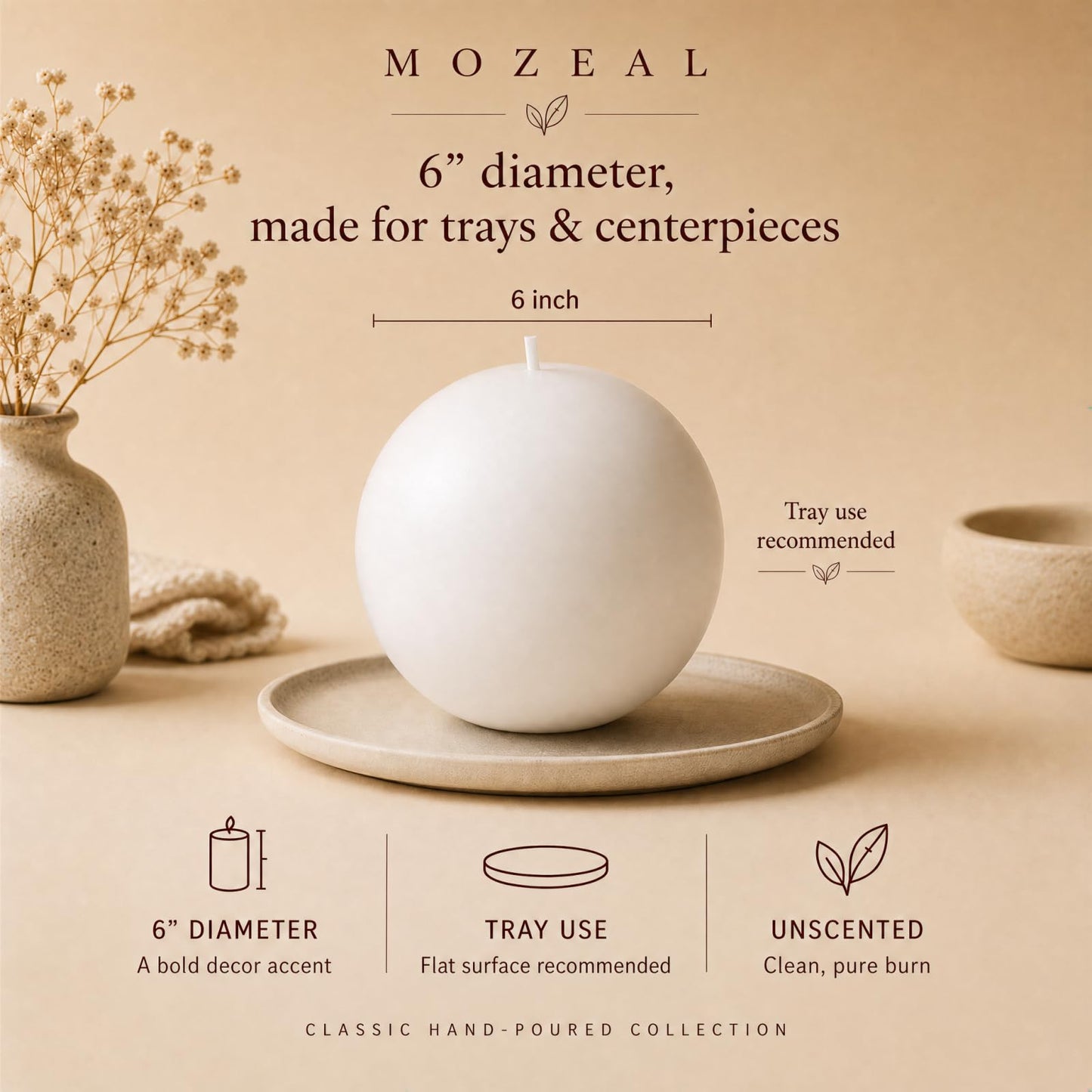 MOZEAL Hand-Poured, 6 Inch White Large Round Ball Candles - Elegant White Round Pillar Candles, Dripless, Unscented, Smokeless, Ideal for All Occasions.