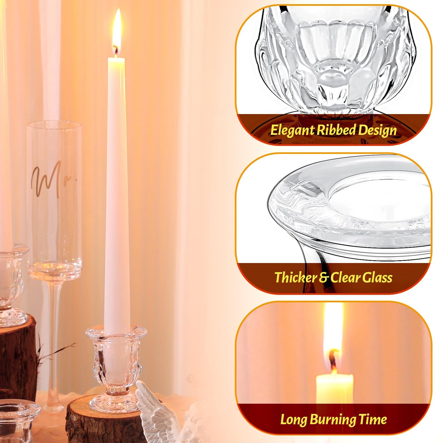 48 Pcs Taper Candlestick Holder Clear Glass Candle Holder with 10 Inch White Candles 8 Hours Burn Time Smokeless Candles for Wedding Table Centerpiece Party Decorations