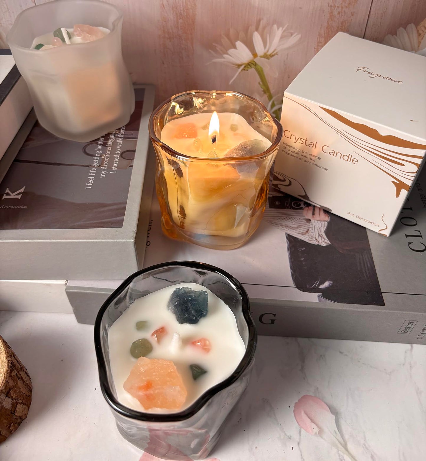 CaxyKyx Scented Soy Candles with Crystals Inside Aromatherapy Candle for Women Positivity Energy Gift Mothers Days Birthday Orange Floral Scent
