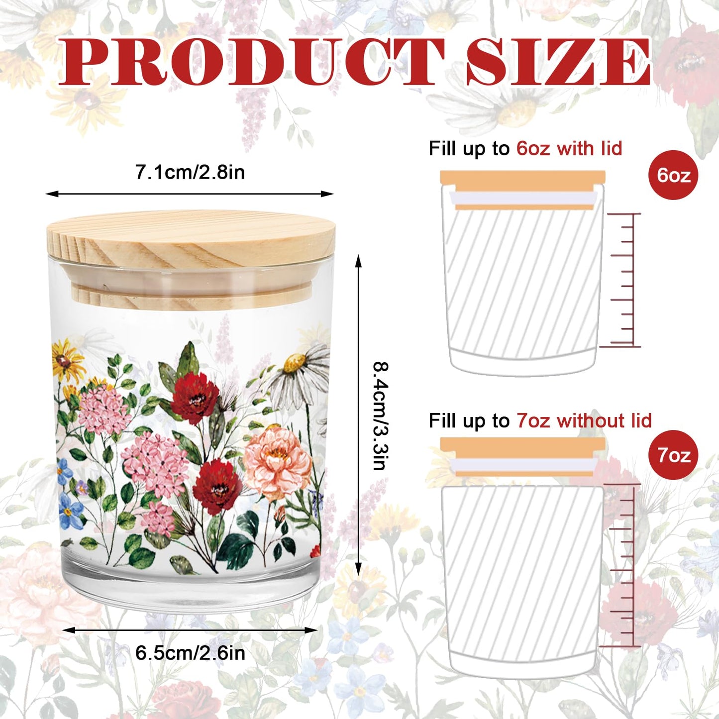 Whaline 12Pcs Wildflower Empty Candle Jar with Wooden Lid 7 oz Spring Floral Glass Candle Container for Candles Making Storing Kitchen Table Centerpiece Decoration
