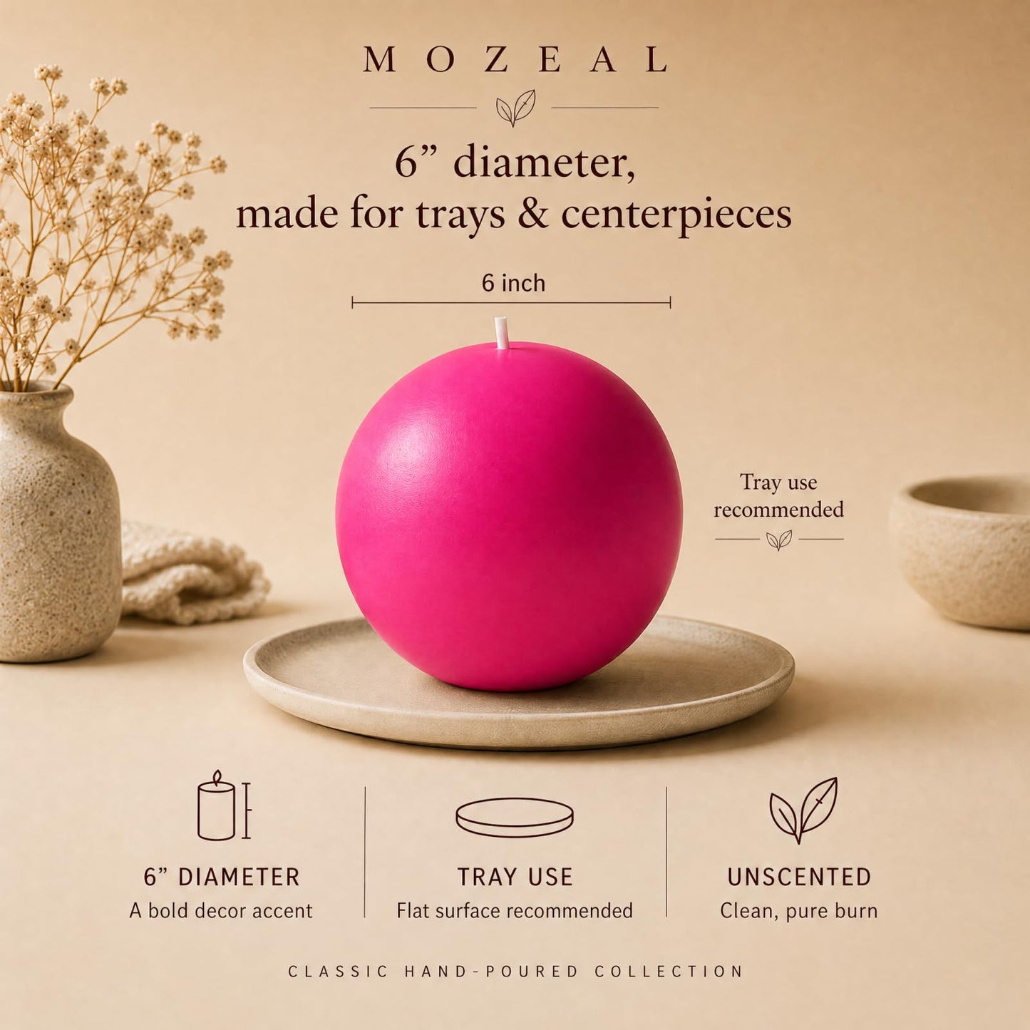 MOZEAL Hand-Poured, 6 Inch Hot Pink Large Round Ball Candles - Elegant Hot Pink Round Pillar Candles, Dripless, Unscented, Smokeless, Ideal for Parties and Celebrations.
