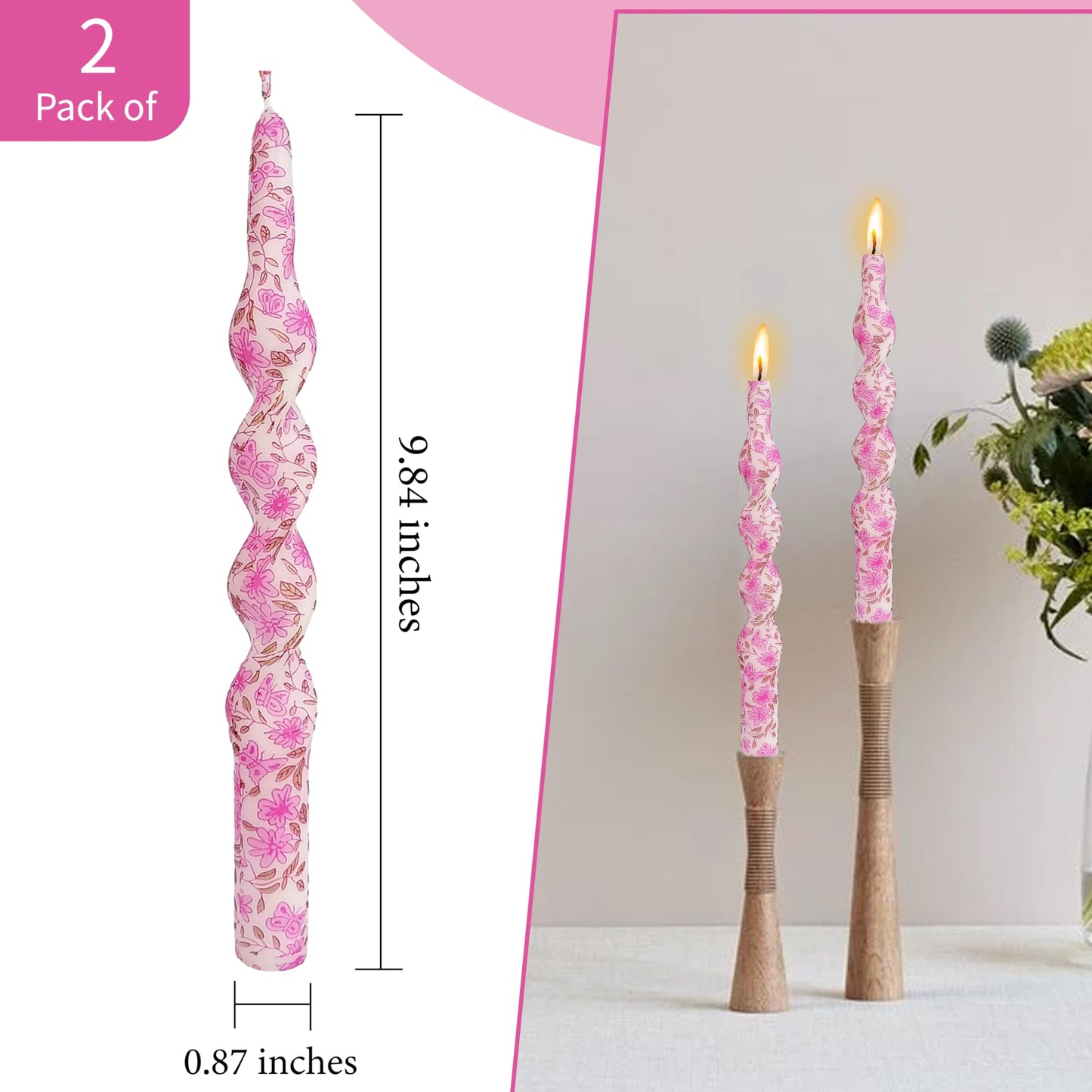Candle Spiral Candles Pink Flowers Taper Candlesticks 10 in Pink Twisted 2 PCS Unscented Tapered Floral Candle for Home Wedding Dinner Holiday Party