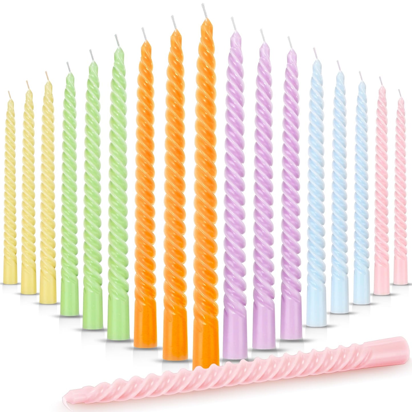 Nuanchu 25 Pcs Spring Spiral Taper Candles Set Pastel Colorful Twisted Wax Candlestick 10 Inch Unscented Dripless Long Tall Tapered Candlesticks Smokeless for Spring Dinner Wedding Party
