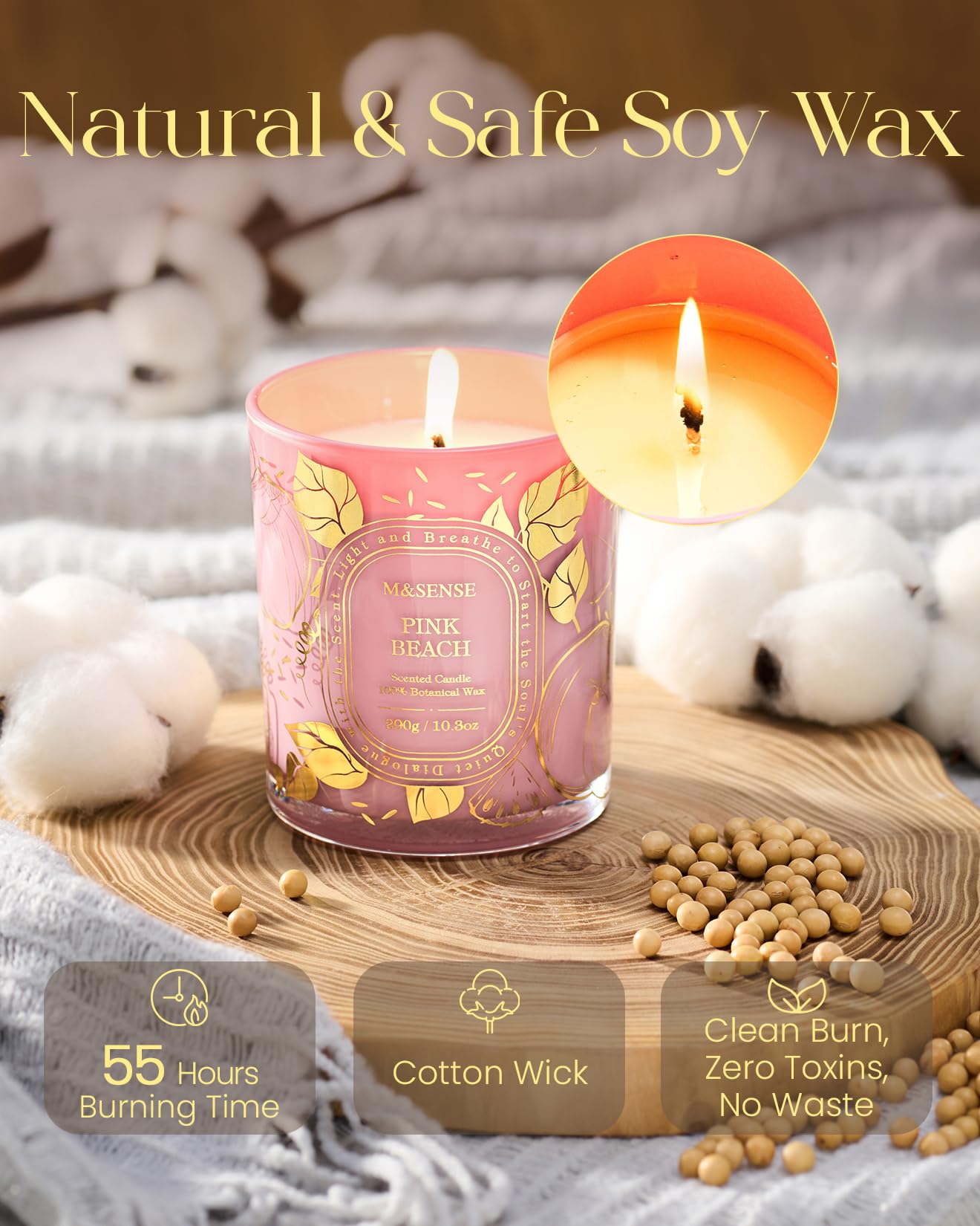 M&SENSE Pink Beach Scented Candle, Soy Candle Clean Burn Non Toxic, 55 Hours Long Burning 10.3oz, Summer Romantic Dating Home Fragrance Decor, Gifts for Women