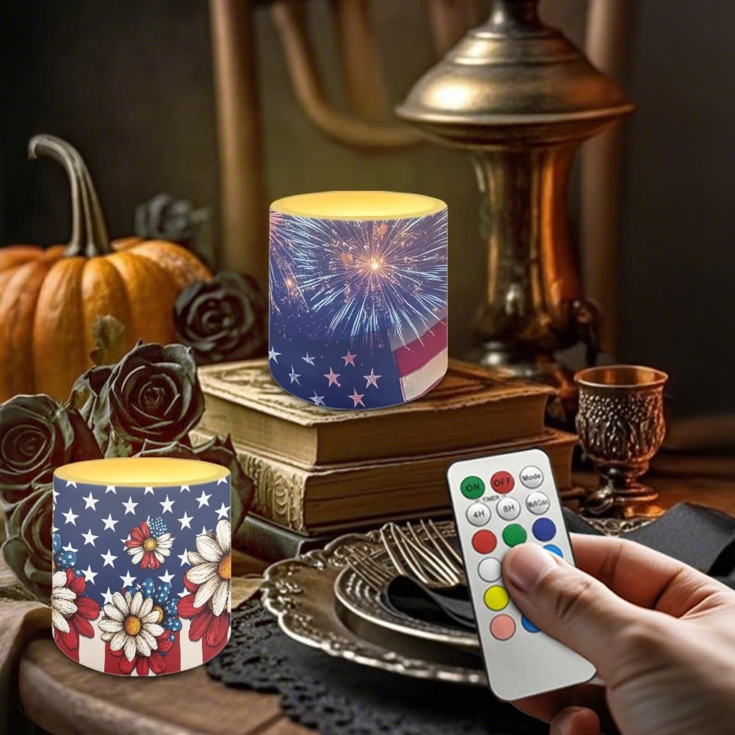 NETILGEN July 4th Independence Day Decor Flameless Candles with Timer Remote 4 Packs Novelty American Flag Theme LED Battery Operated Pillar Candles