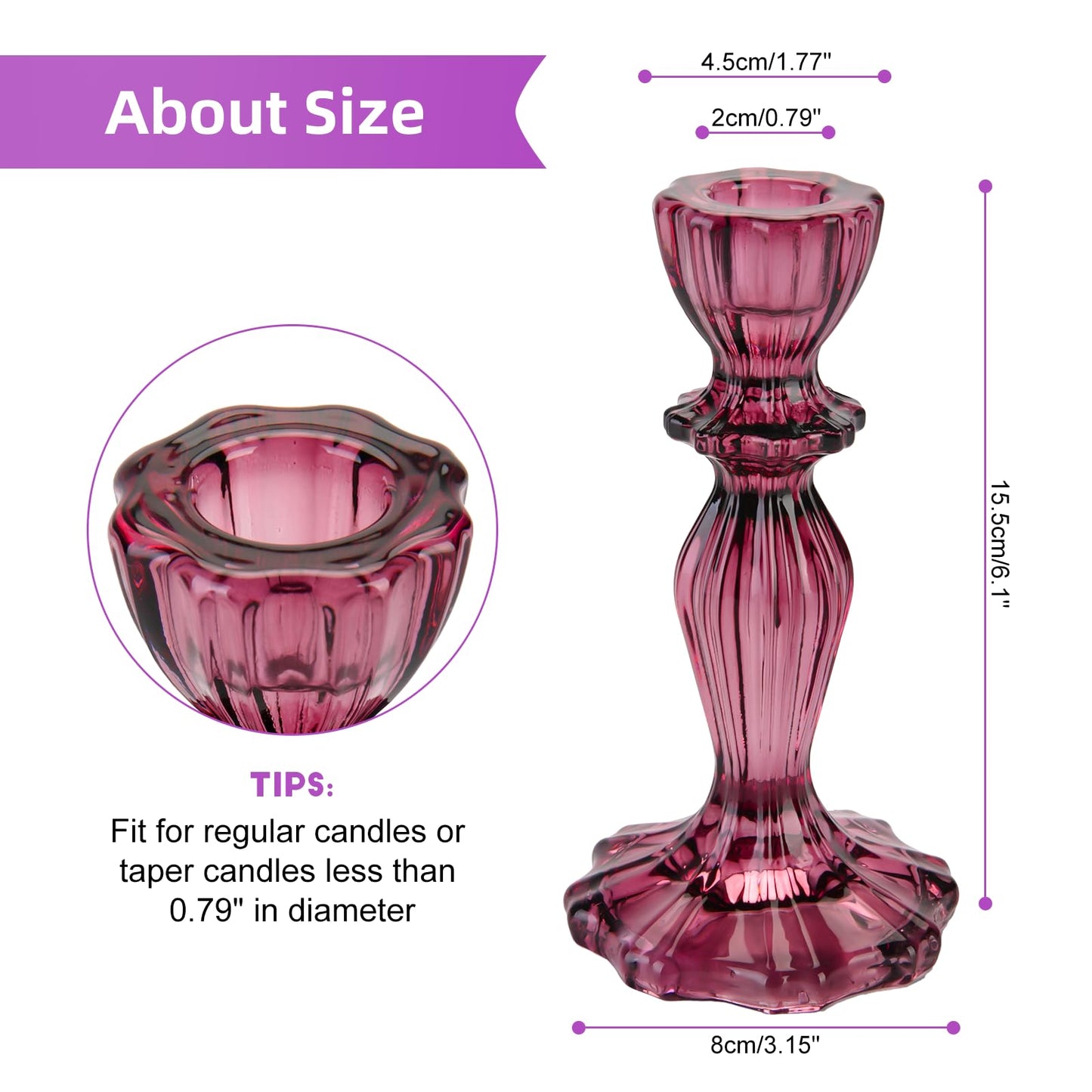 Glass Candle Holders, 2PCS Wide Base Candlestick Holder Decorative Candle Stand Table Centerpieces for Halloween Christmas Wedding Birthday Party, Dark Purple