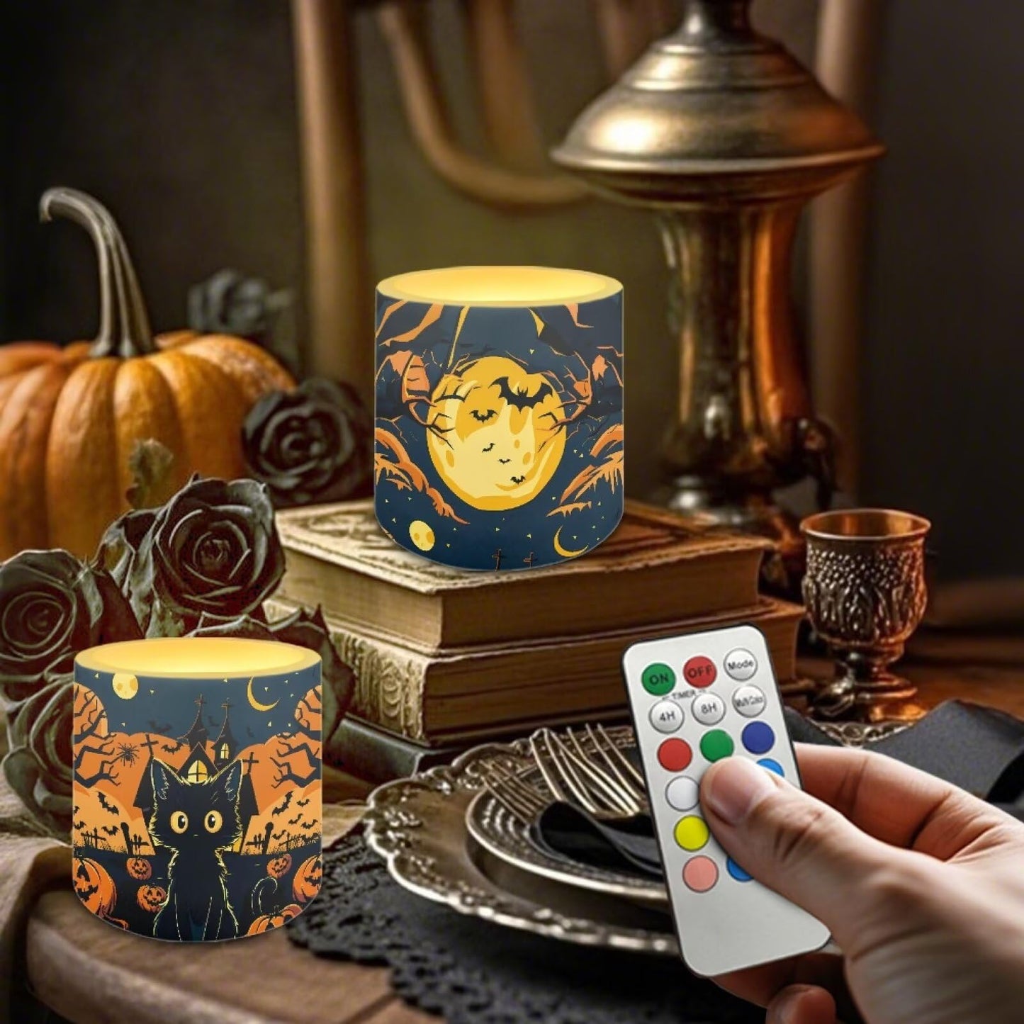 Merkmak Pack of 4 Flameless Candles Halloween Battery Operated Candles with Remote and Timer Flickering LED Elictric Pillar Tealights for Indoor Outdoor Party Decorations, Pumpkin Black Cat