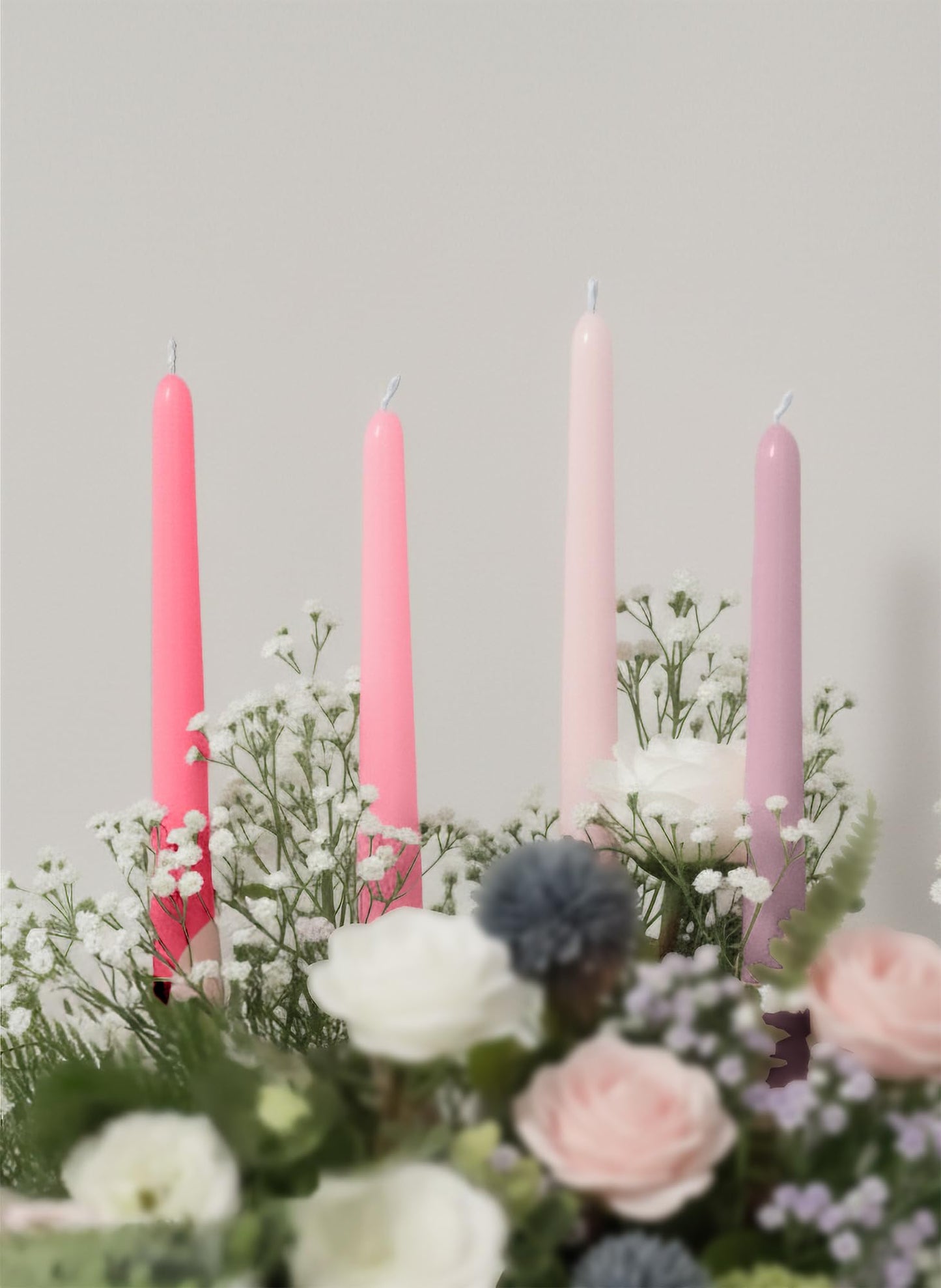 Homeology 12pk 10" Classic Taper Candles, Muted Pink Shades, 7-8 Hours Long Burning, Unscented Tall Candlesticks