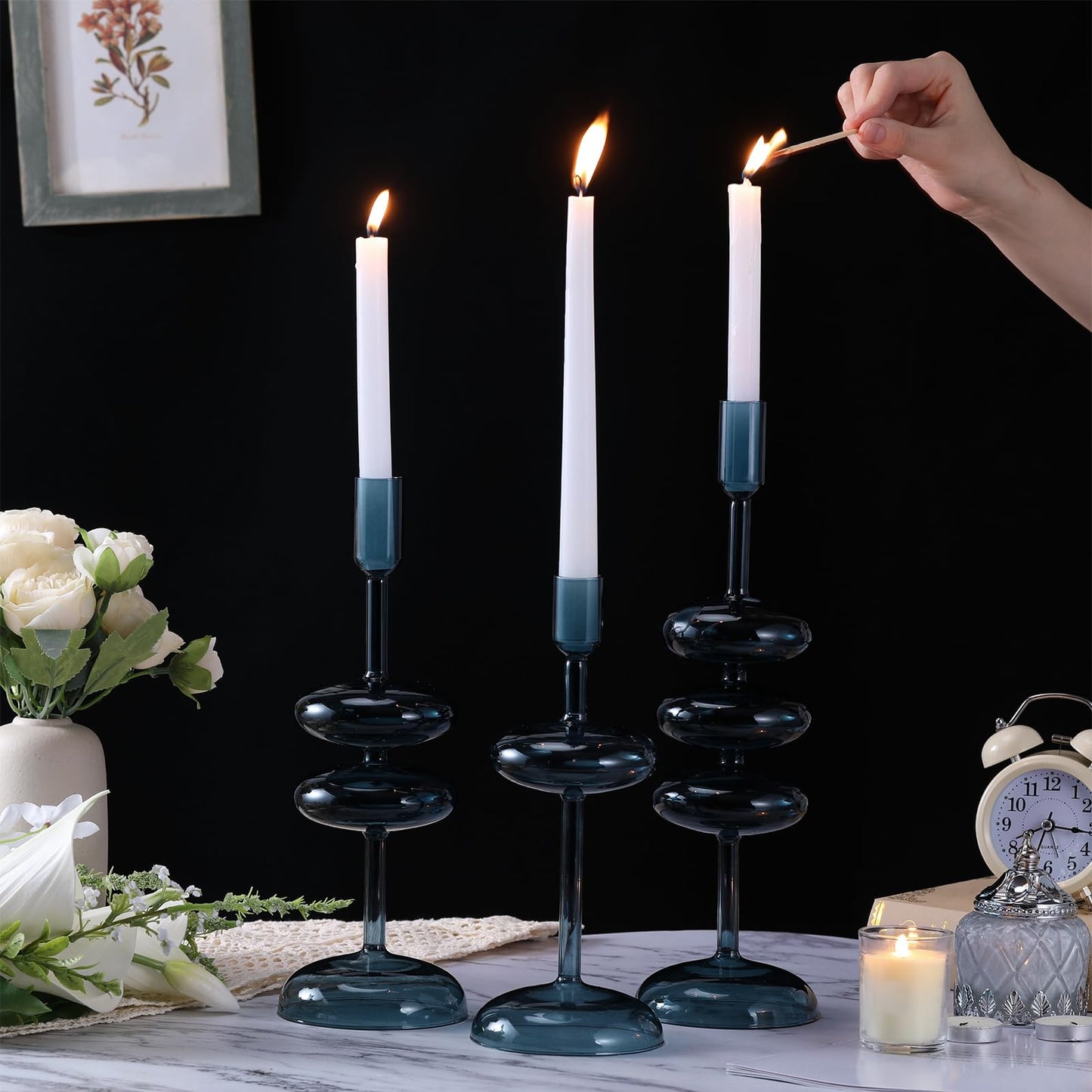 LemonRoad Glass Taper Candle Holders Set of 3, Bubble Candlestick Holders for Table Centerpiece, Elegant Wavy Stacked Geometric Candleholders for Wedding, Dinner, Party, Home Decor(Deep Blue)