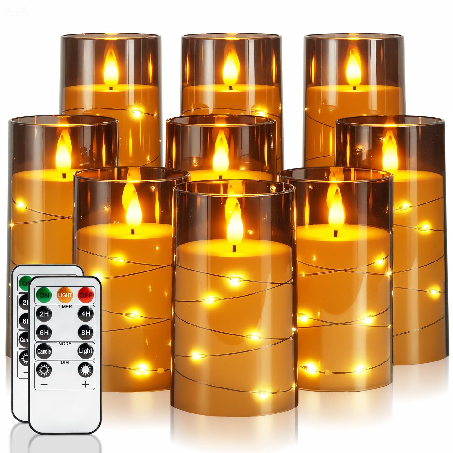 Homemory 9 Pcs Flameless Candles with Embedded Star String Fairy Lights, Battery Operated Candles, LED Fake Candles with Remote Control and Timer, Gray Acrylic