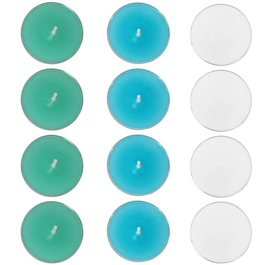 Scented Tea Light Candles 12 Pack Hand Poured 3 Color Smokeless 4 Hours Clean Burning Small Round Clear Cups Tealight Candles for Romantic Dinners Wedding Centerpieces Cozy Evenings