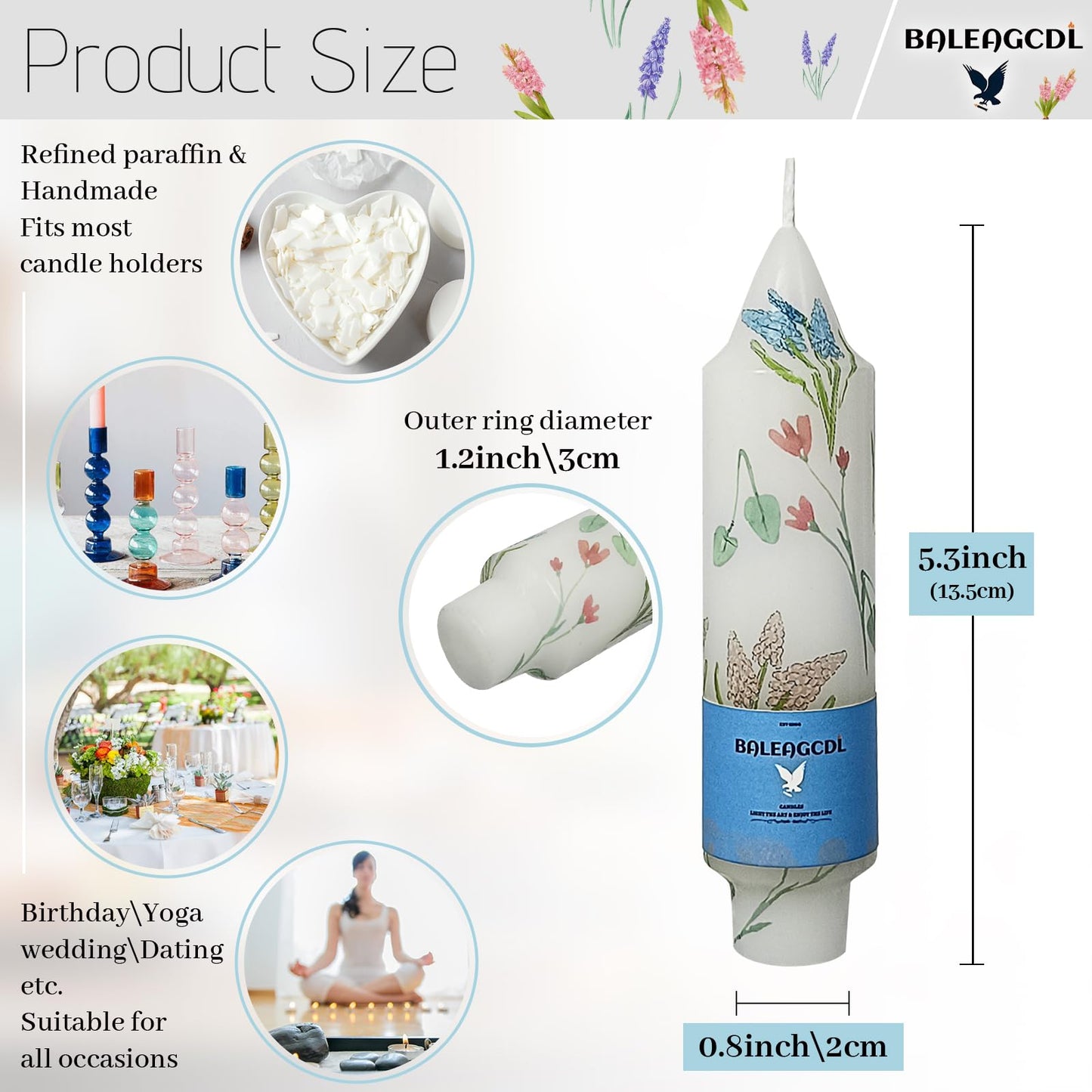 Printed Candle Sticks Elegance Taper Candle 5 Inch Short Candlesticks Hyacinth Floral Tapered Candles for Home Wedding Holiday Party Decor, Set of 4