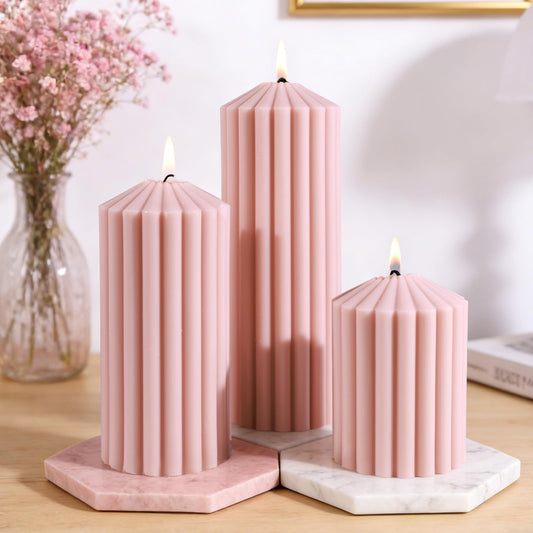 Pink Ribbed Pillar Candle Set of 3 - Wild Bluebell Scented Soy Wax Candle,Aesthetic Decorative Textured Pillar for Home Decor-2.8x4,6,8in Long Lasting Fragrance for Mother’s Day Gifts,Spa,Wedding